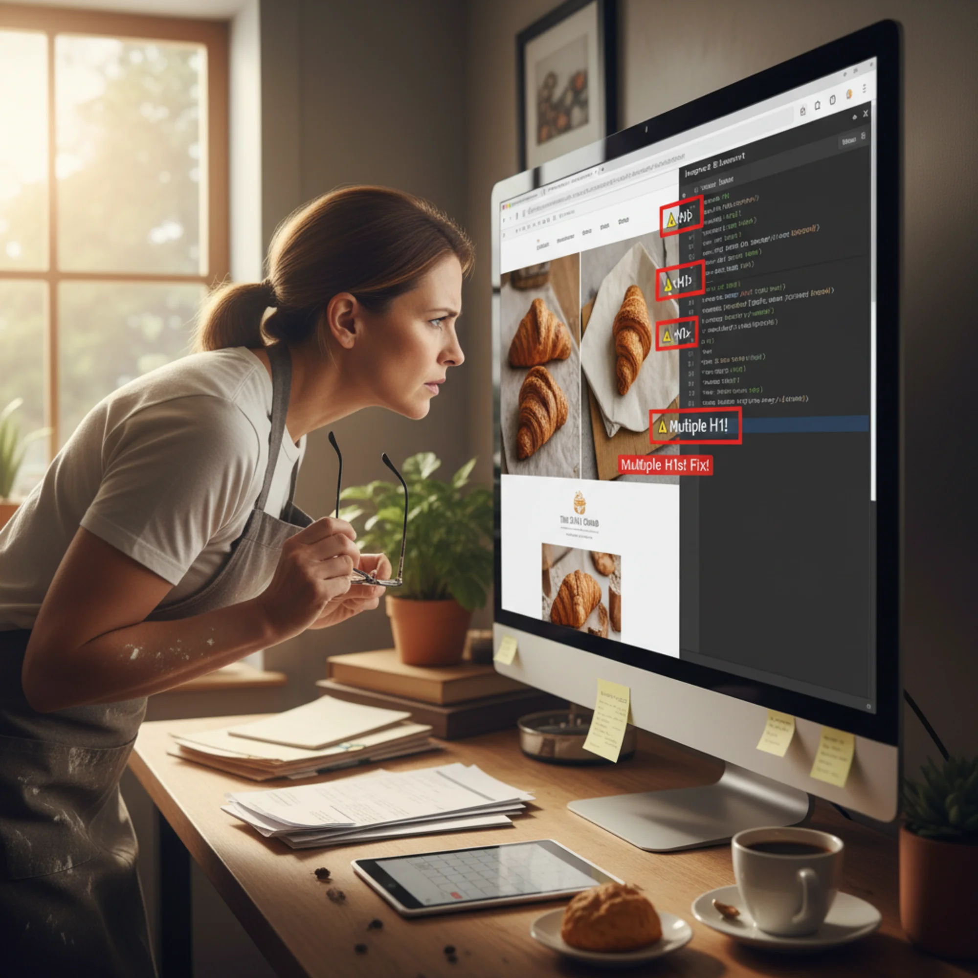 A small business bakery owner squinting at their website in a browser inspect-element view, with multiple H1 tags highlighted in red warning colors against the bakery page HTML