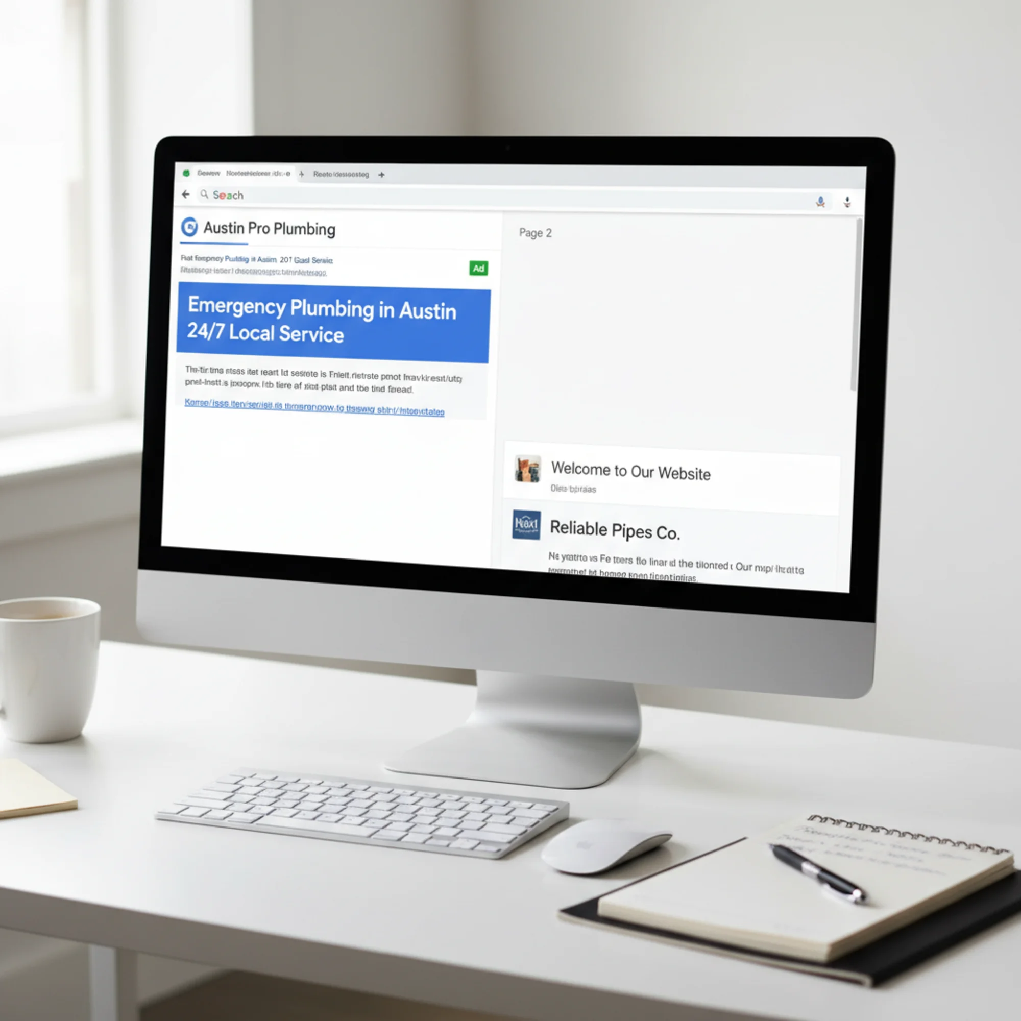 A side-by-side of two plumber service pages in Google search results — one with a clear H1 like "Emergency Plumbing in Austin" ranking high, the other showing a vague "Welcome" title buried on page two