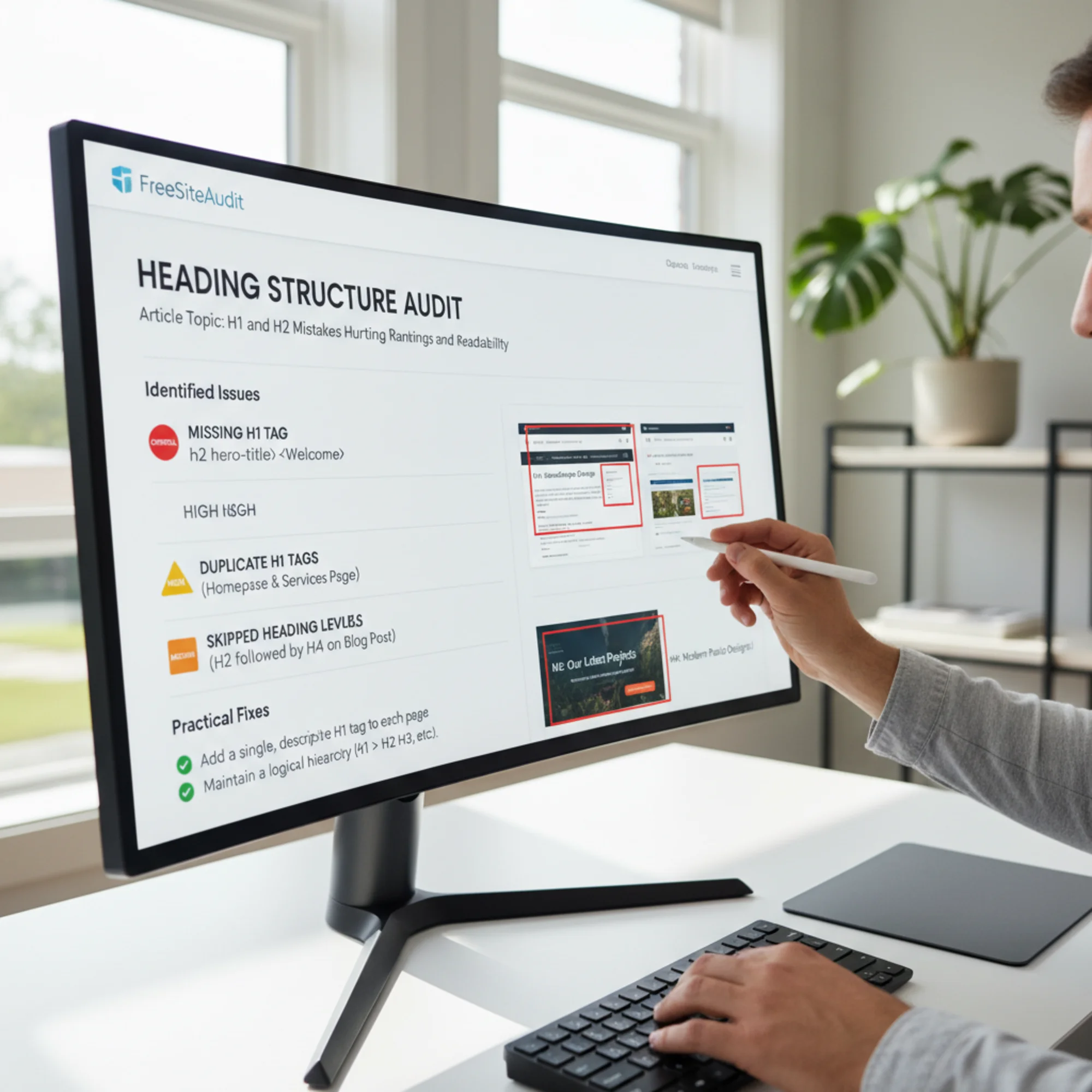 A FreeSiteAudit heading-structure report flagging missing H1, duplicate H1s, and skipped heading levels on a landscaping company website, with severity badges next to each issue