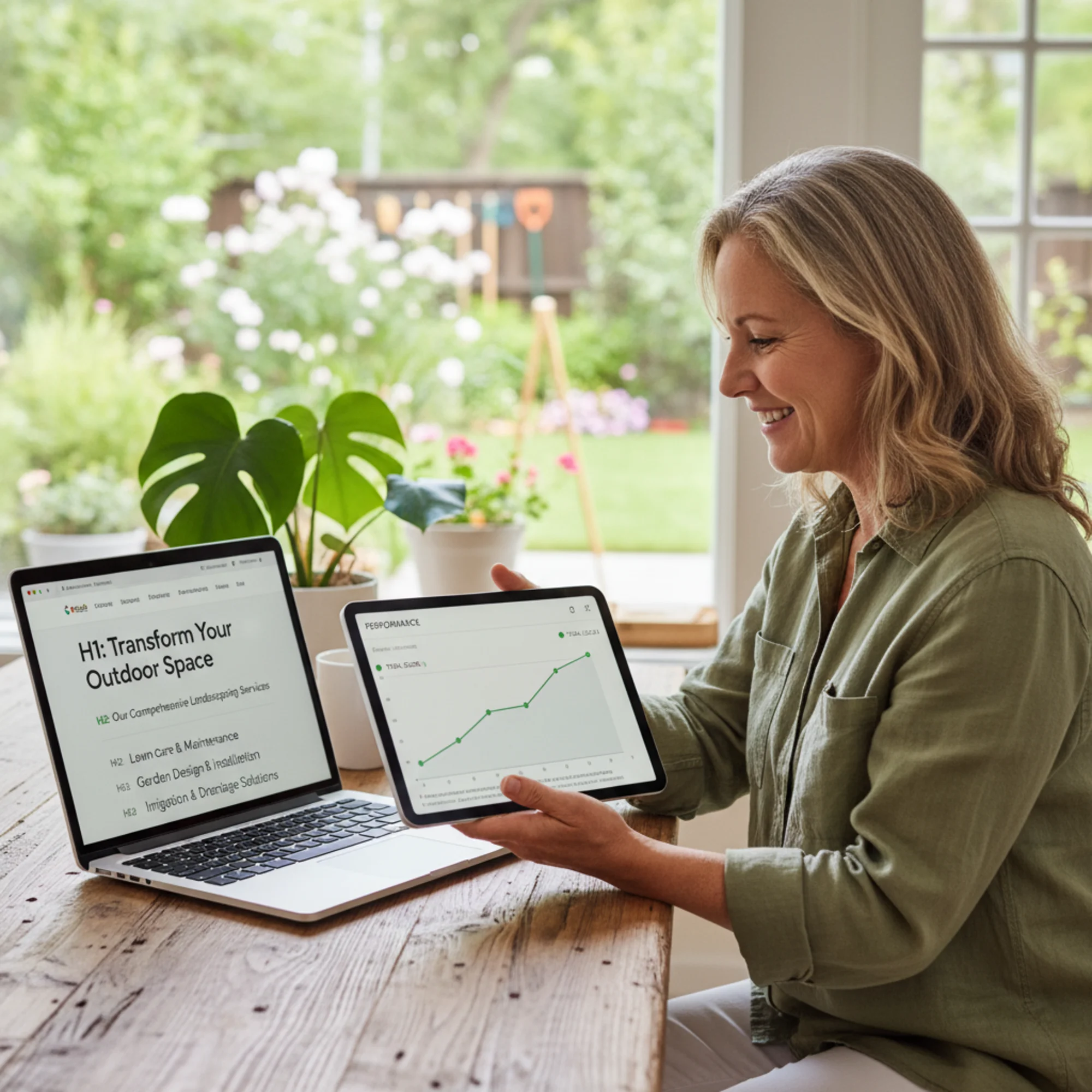 A landscaping business owner reviewing improved Google Search Console click graphs on a tablet, with their restructured service page showing clean H1-H2-H3 hierarchy on a laptop beside them