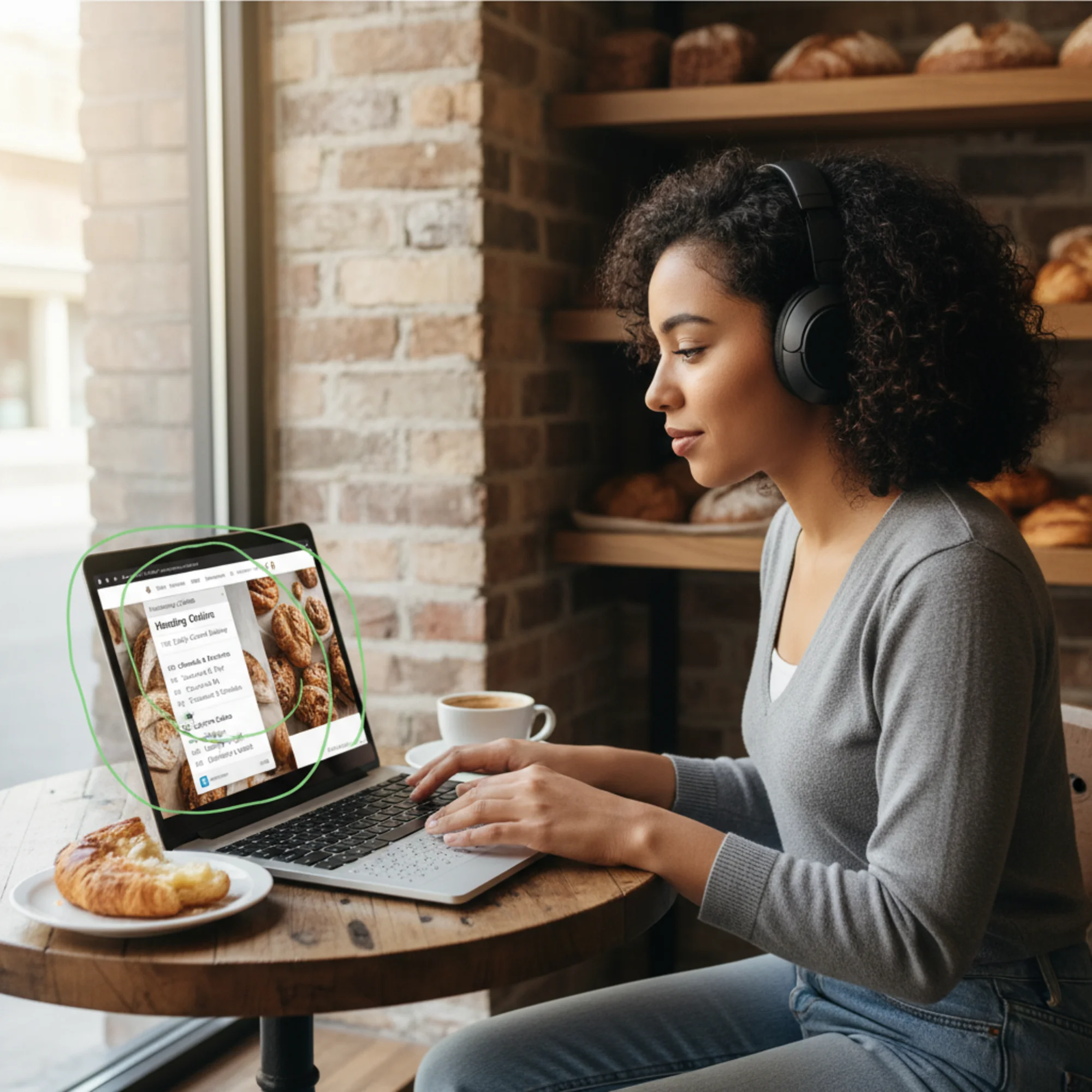 A screen reader user wearing headphones navigating a bakery website on a laptop, with a browser extension heading outline panel on the left showing a clean H1-H2-H3 hierarchy highlighted in green