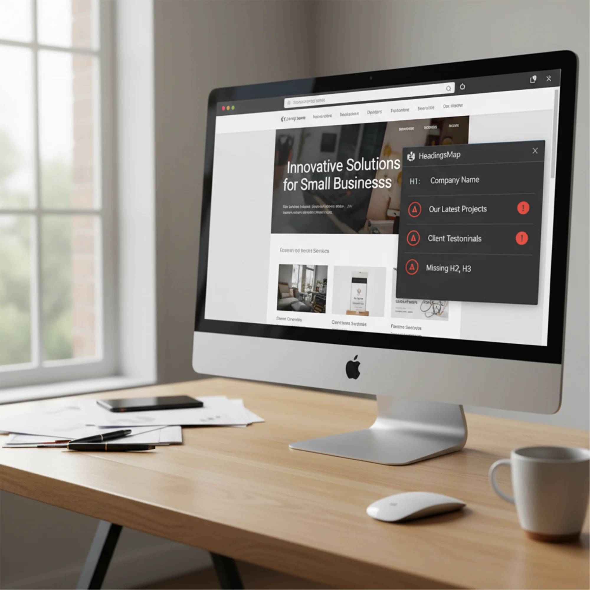 A HeadingsMap browser extension panel displaying a broken heading hierarchy with H1 jumping directly to H4, missing H2 and H3 levels flagged with red warning icons, against a blurred small business homepage