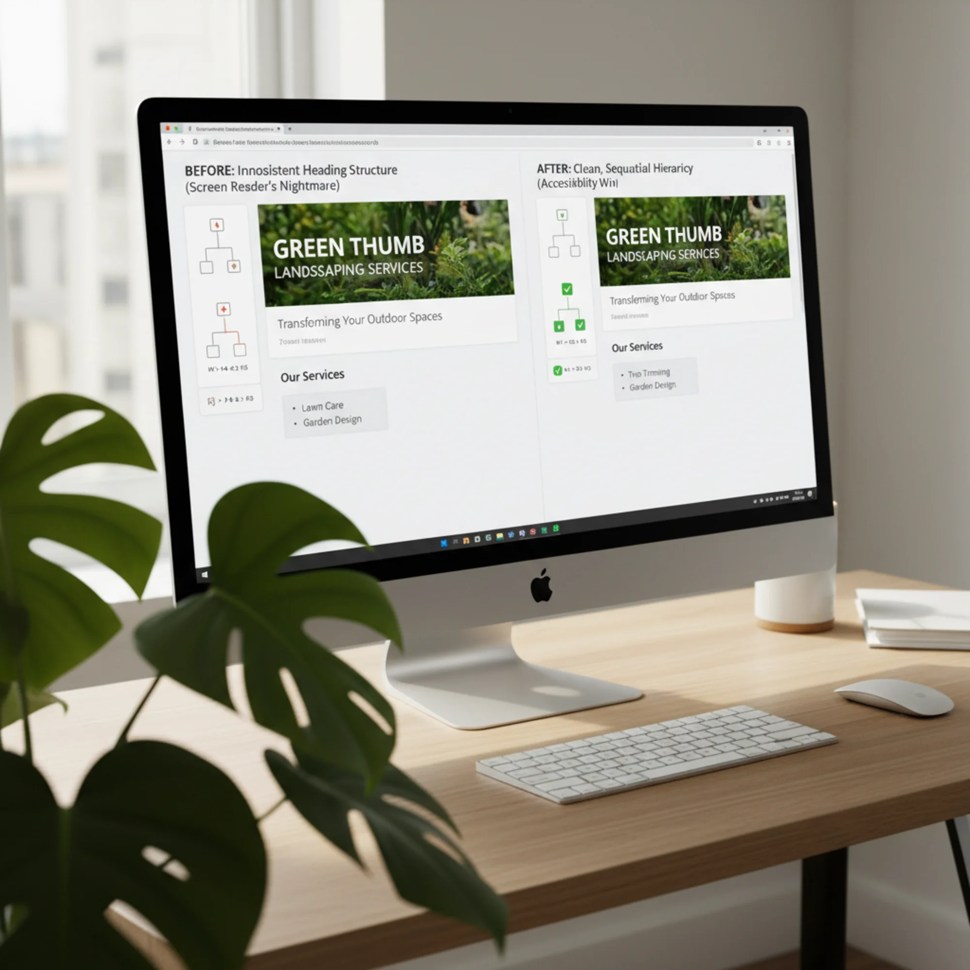 A split-screen WordPress block editor: the left side shows headings picked by font size with an inconsistent H1-H4-H2-H5 outline, the right side shows the same landscaping services page restructured into a clean sequential H1-H2-H3 hierarchy