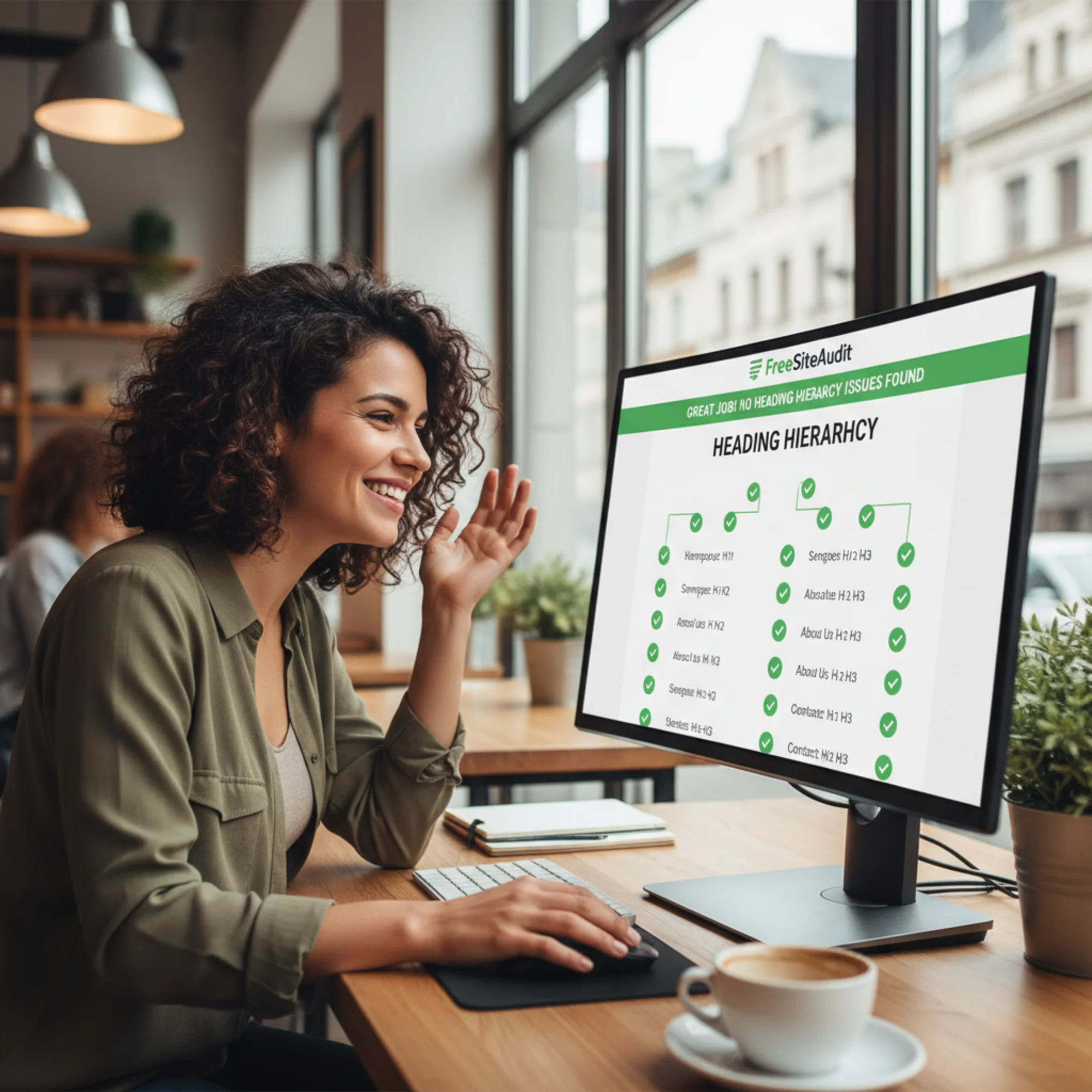 A small business owner viewing a FreeSiteAudit accessibility report on a widescreen monitor, the heading hierarchy section showing all green checkmarks and a sequential H1-H2-H3 outline for every audited page