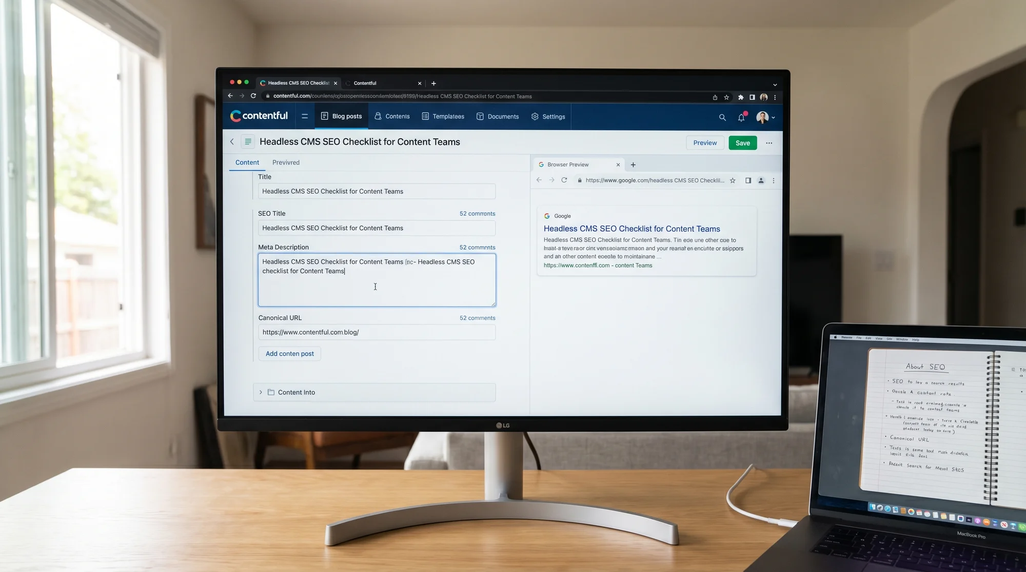 A content editor's screen showing a headless CMS interface (like Contentful or Sanity) with a blog post open, fields for SEO title and meta description visible, and a browser preview panel showing how the published page will render in search results