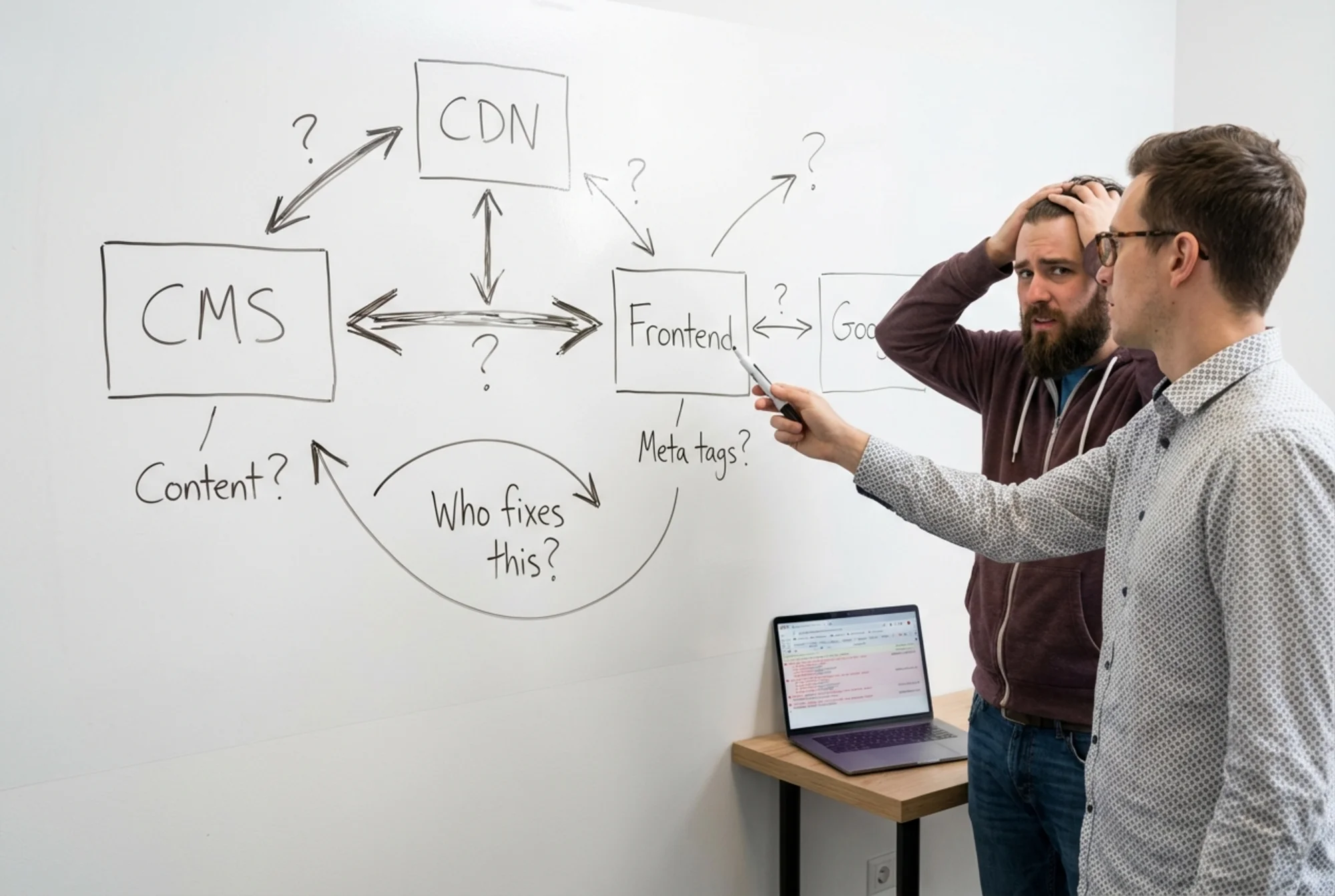 A developer and a marketer at a whiteboard covered in disconnected boxes labeled "CMS," "CDN," "Frontend," and "Google," with arrows going nowhere, representing the confusion of who owns SEO in a headless setup