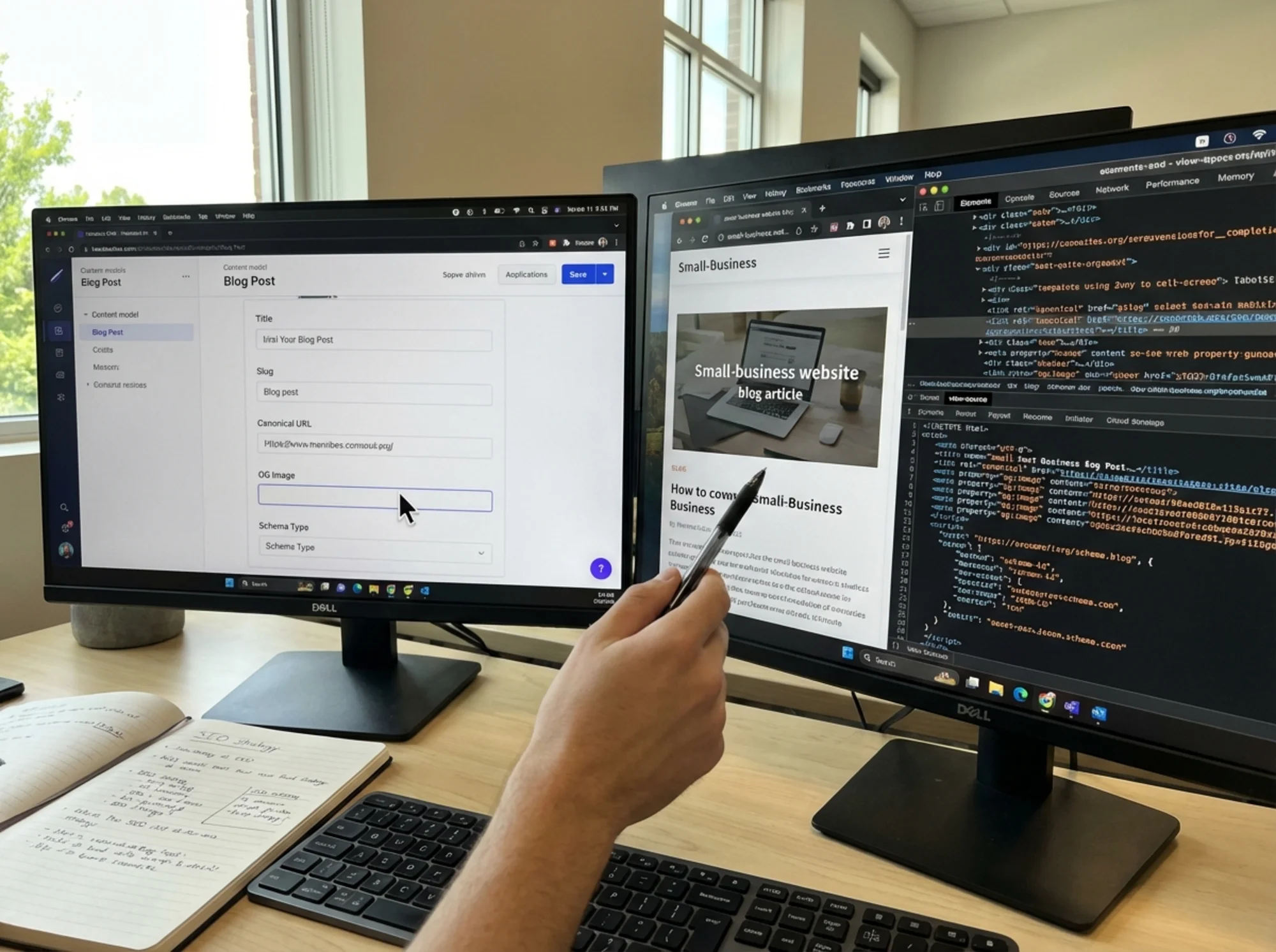 A side-by-side view of a headless CMS content model showing structured fields (title, slug, canonical URL, og:image, schema type) being mapped to a rendered HTML page with visible meta tags in the browser's view-source panel
