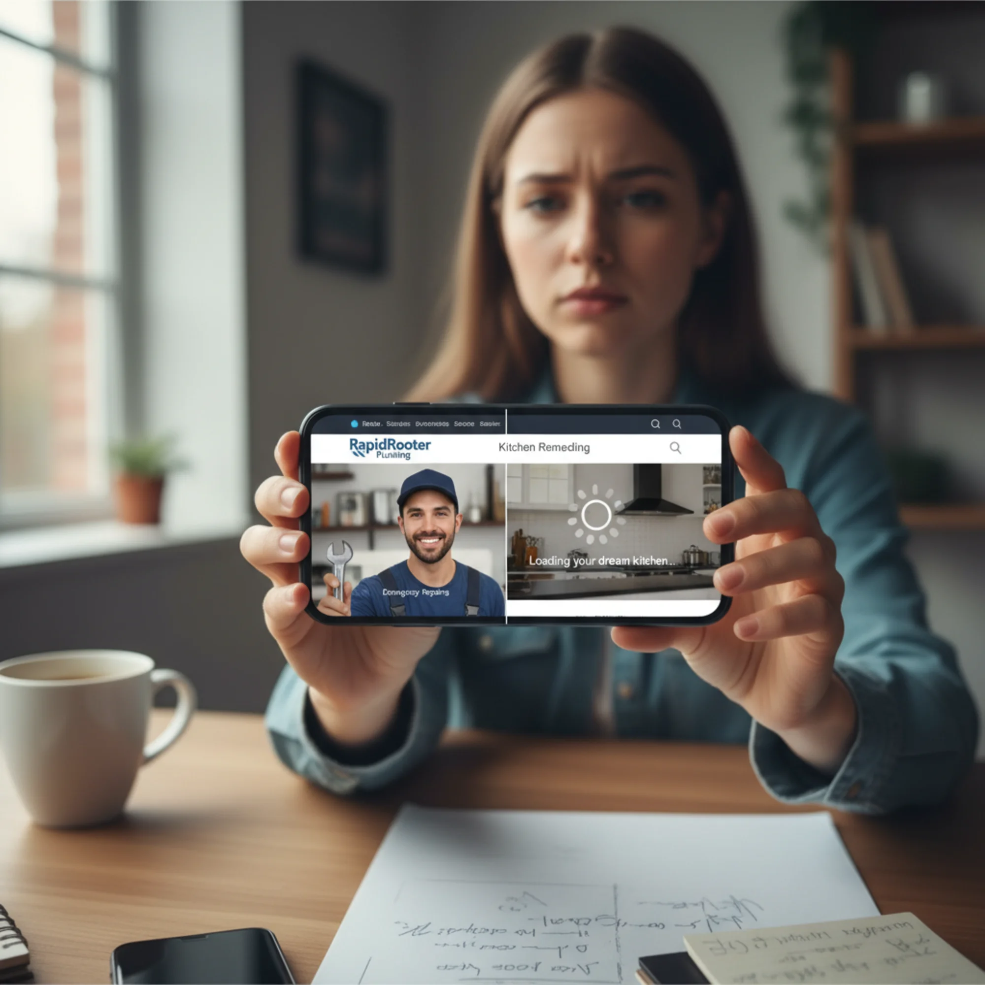 A split-screen showing a plumber's homepage loading instantly on the left and the same site's kitchen remodeling service page stuck on a loading spinner on the right, both viewed on a mobile phone