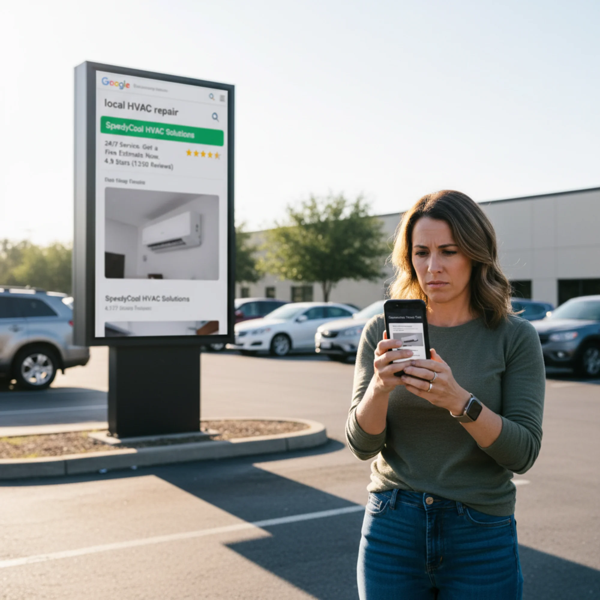 A homeowner on their phone in a parking lot watching a slow-loading HVAC service page time out, while the Google search results behind show a competitor's faster listing with star ratings