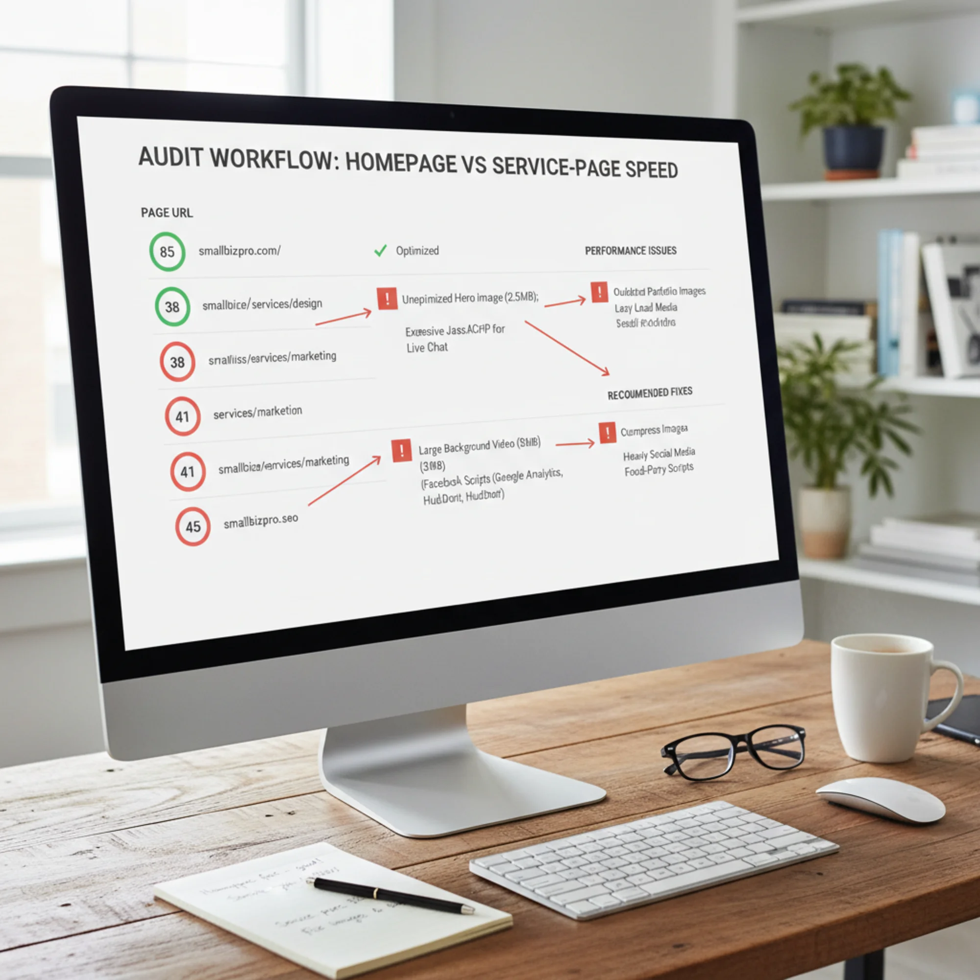 A PageSpeed Insights-style audit dashboard showing page-by-page scores: homepage green at 85, three service pages red at 38-45, with annotations highlighting unoptimized images and heavy third-party scripts on each slow page