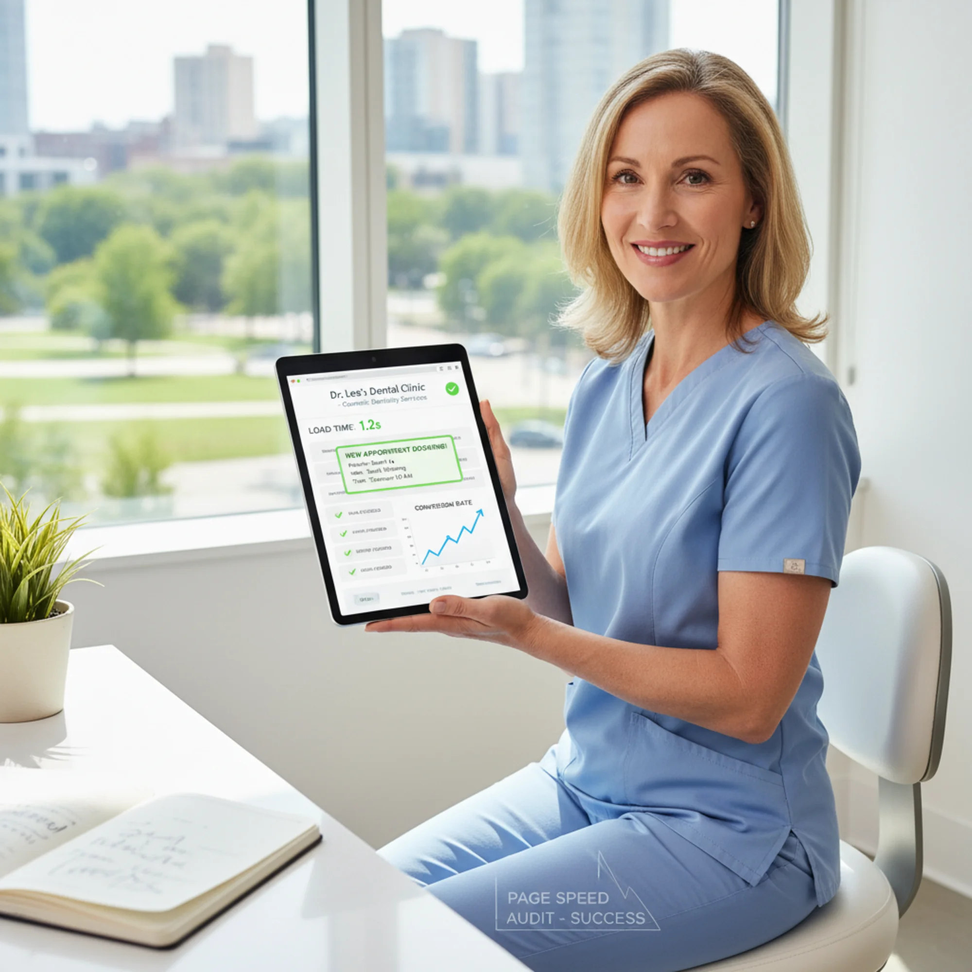 A dentist reviewing her newly optimized service pages on a tablet showing sub-2-second load times, with a fresh appointment booking notification on screen and a conversion rate chart climbing upward