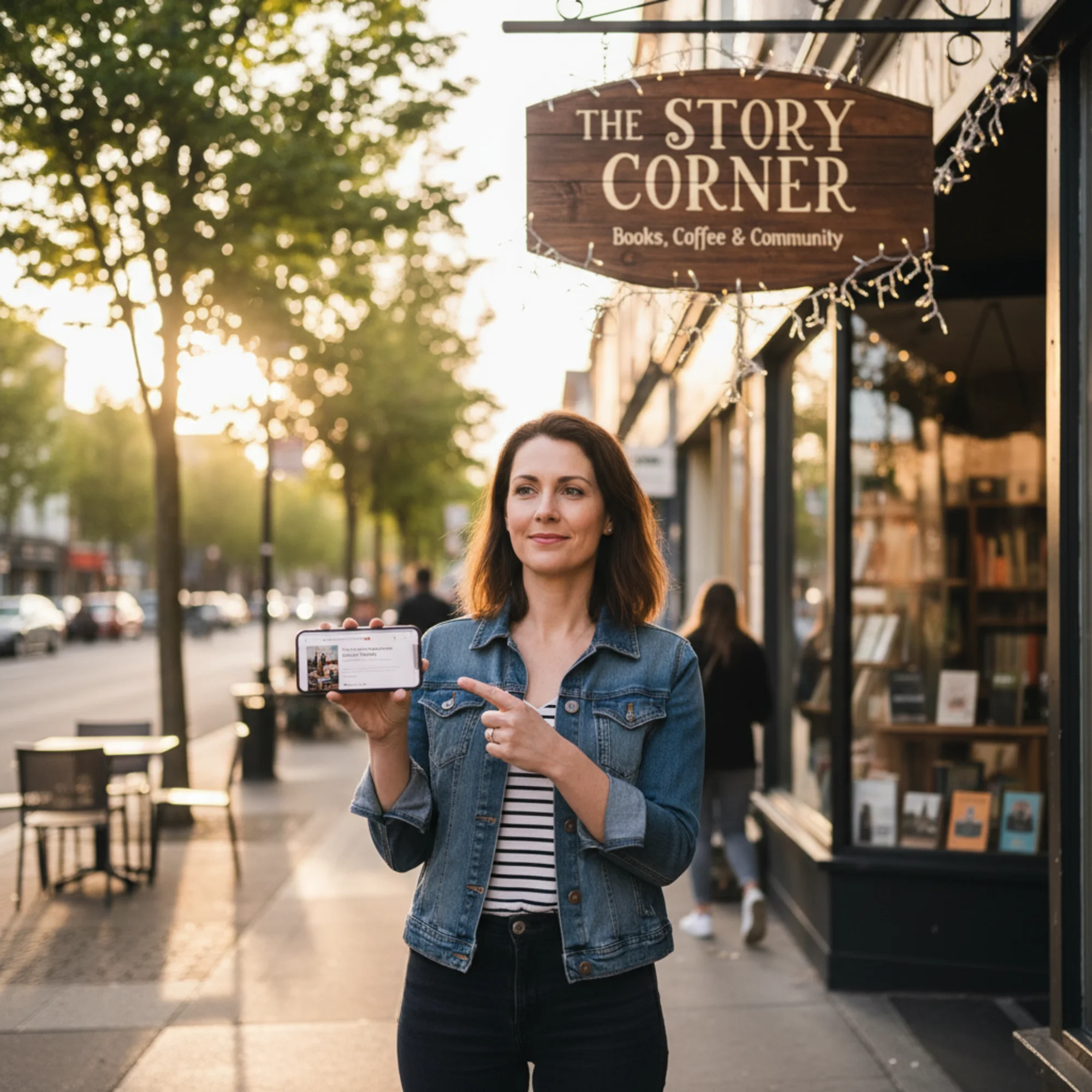 A small business owner standing in front of their physical storefront sign while holding a phone showing their website's browser tab title, visually connecting the real-world brand name to the digital title tag