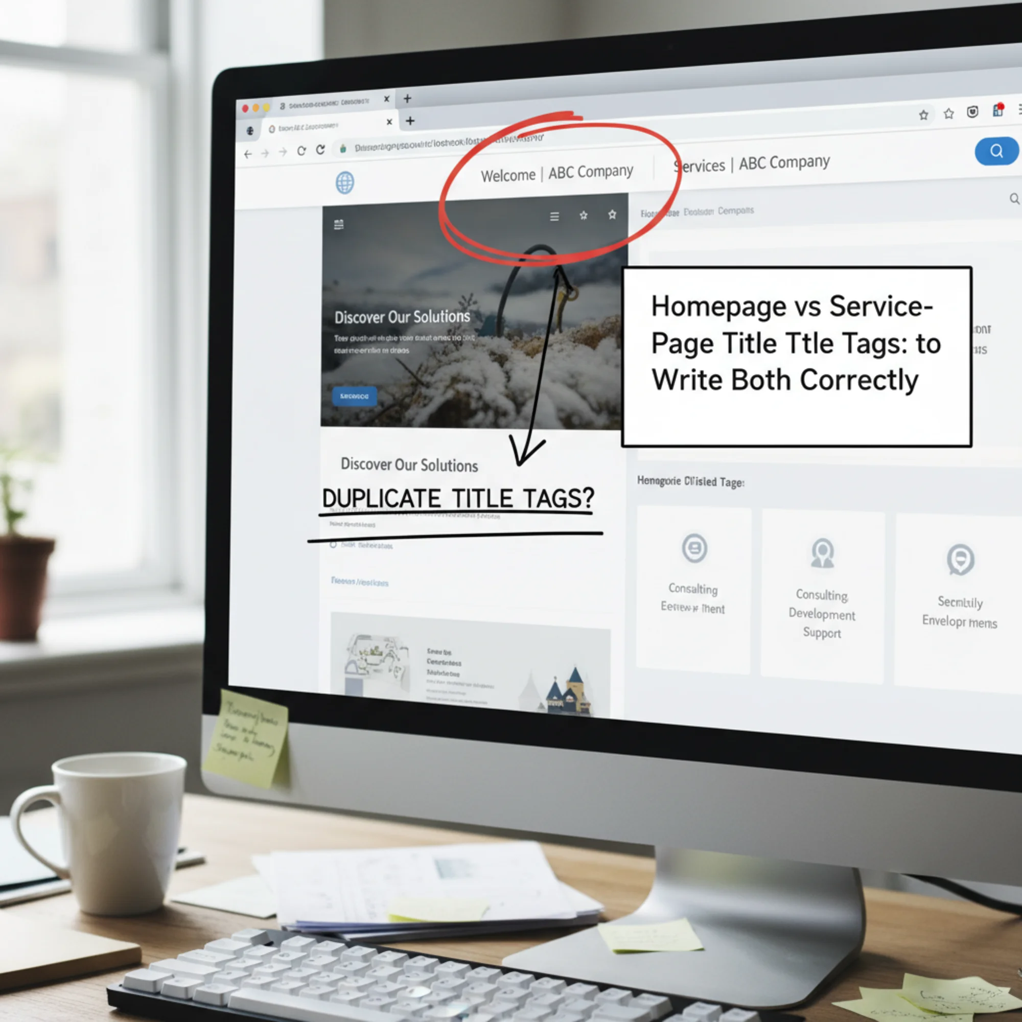 A browser showing two open tabs for the same business — both tabs display nearly identical, vague title text like "Welcome | ABC Company" and "Services | ABC Company," illustrating the duplicate/generic title tag problem