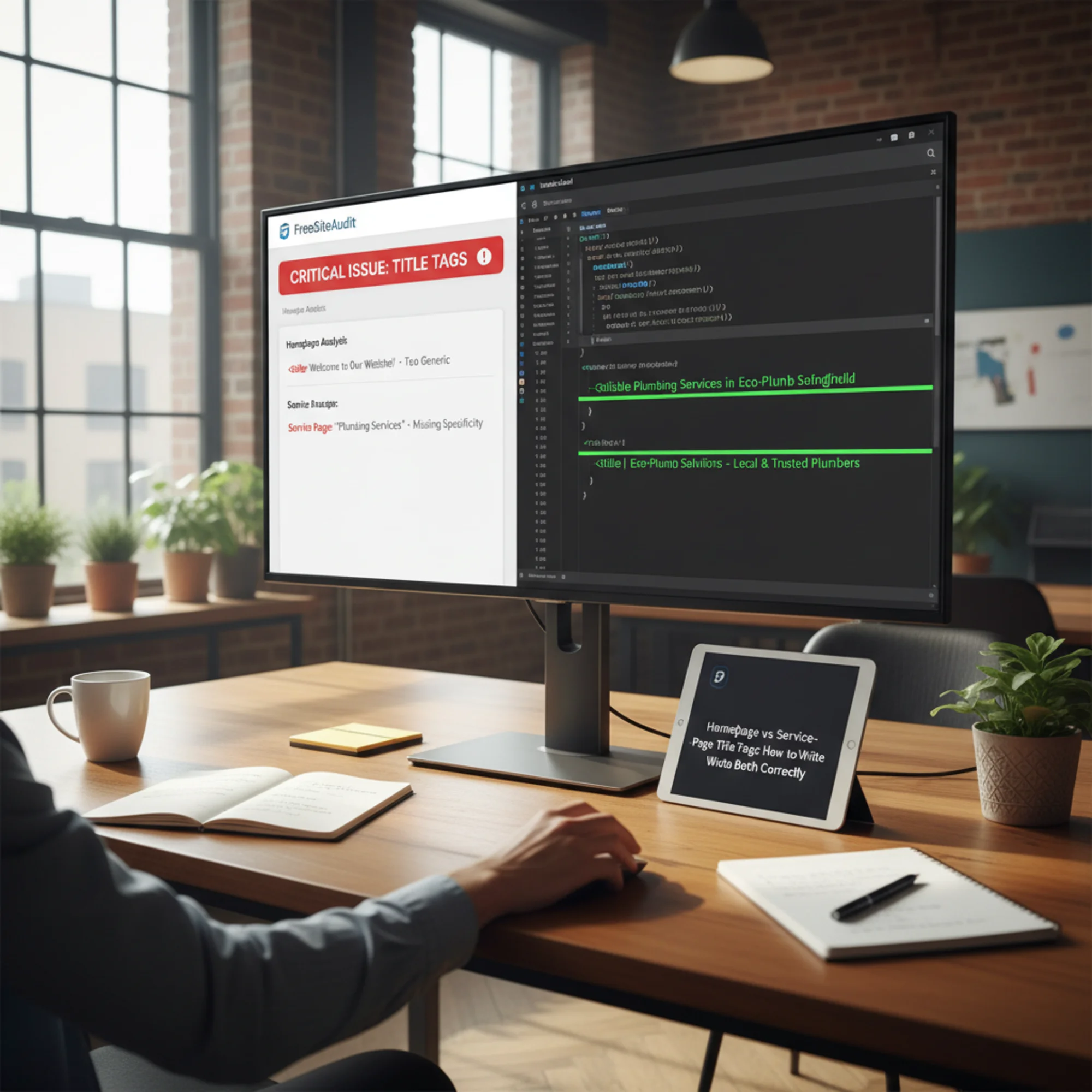 A split-screen view of a FreeSiteAudit report on the left highlighting a title tag warning in red, and on the right a code editor showing the HTML head section with a corrected title tag in green