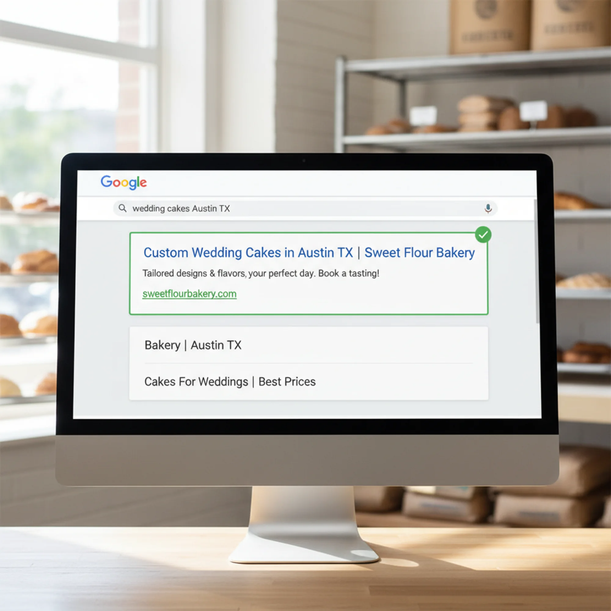A Google search results page showing a local bakery ranking well with a clear, descriptive title tag like "Custom Wedding Cakes in Austin TX | Sweet Flour Bakery" standing out among competitors with vague titles