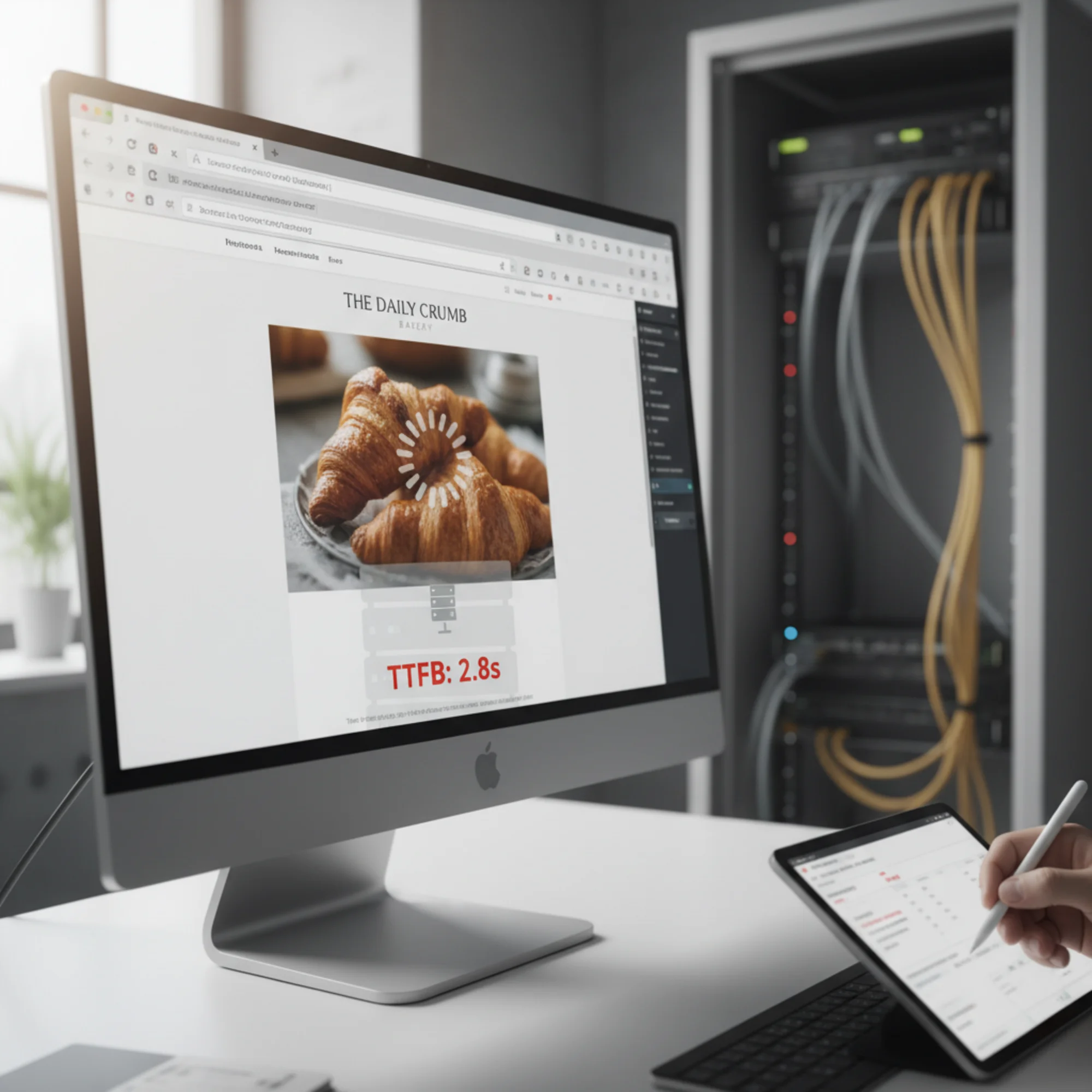 A browser tab showing a bakery website stuck on a loading spinner, with a faint server rack icon in the background and a TTFB timer reading 2.8 seconds in red