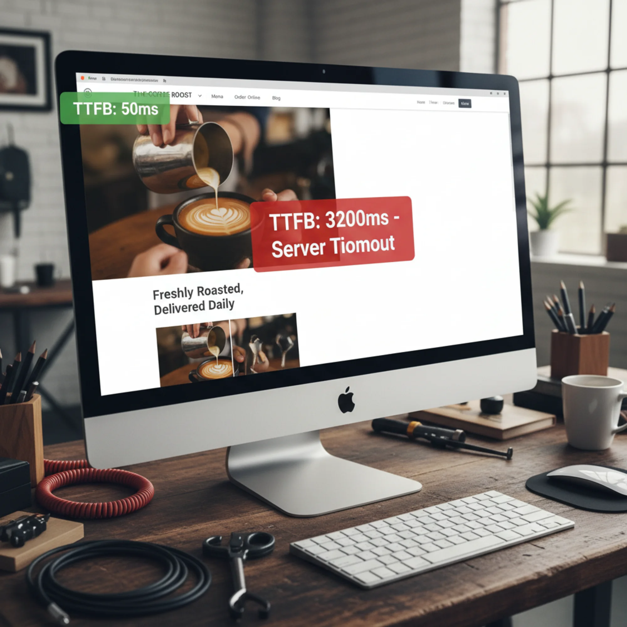 A split-screen comparison of two identical small-business homepages: the left side loads instantly with a green TTFB badge, the right side shows a blank white screen with a red TTFB warning overlay