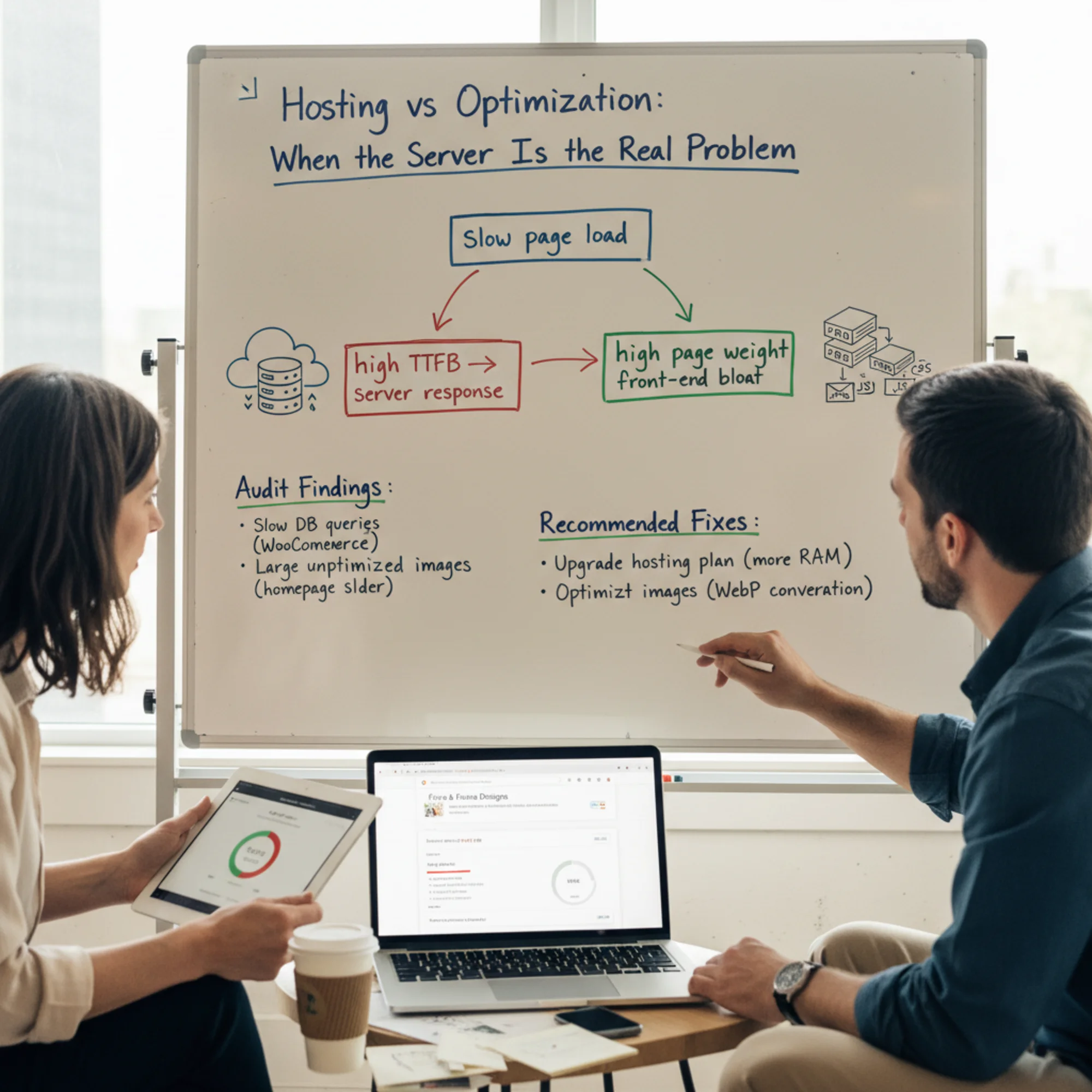 A diagnostic flowchart starting from "slow page load" branching into two paths: one labeled "high TTFB → server response" pointing to a server icon, the other labeled "high page weight → front-end bloat" pointing to stacked image and script file icons