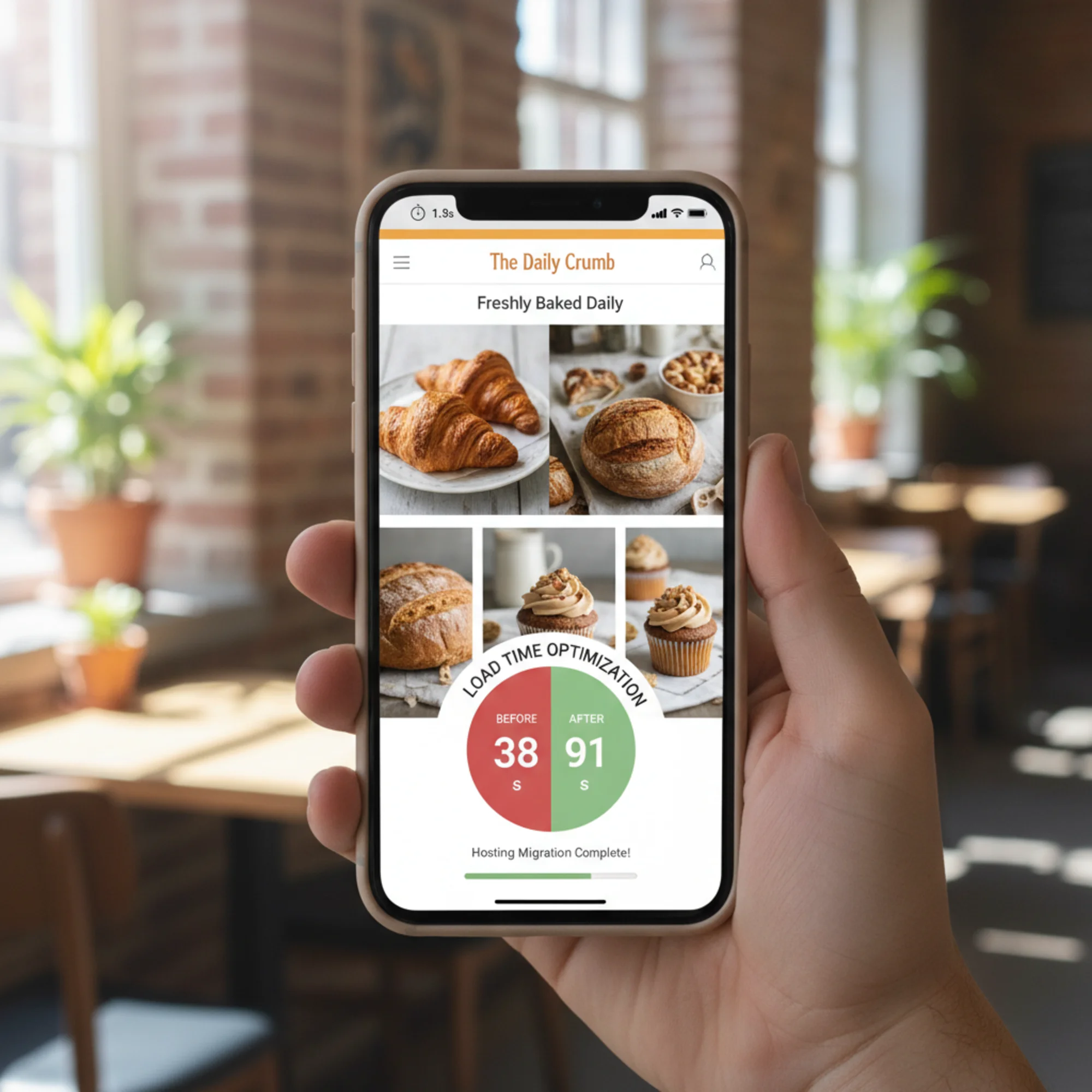 A phone screen showing a bakery website loading in under two seconds, with a before-and-after speed score widget shifting from red 38 to green 91 after a hosting migration