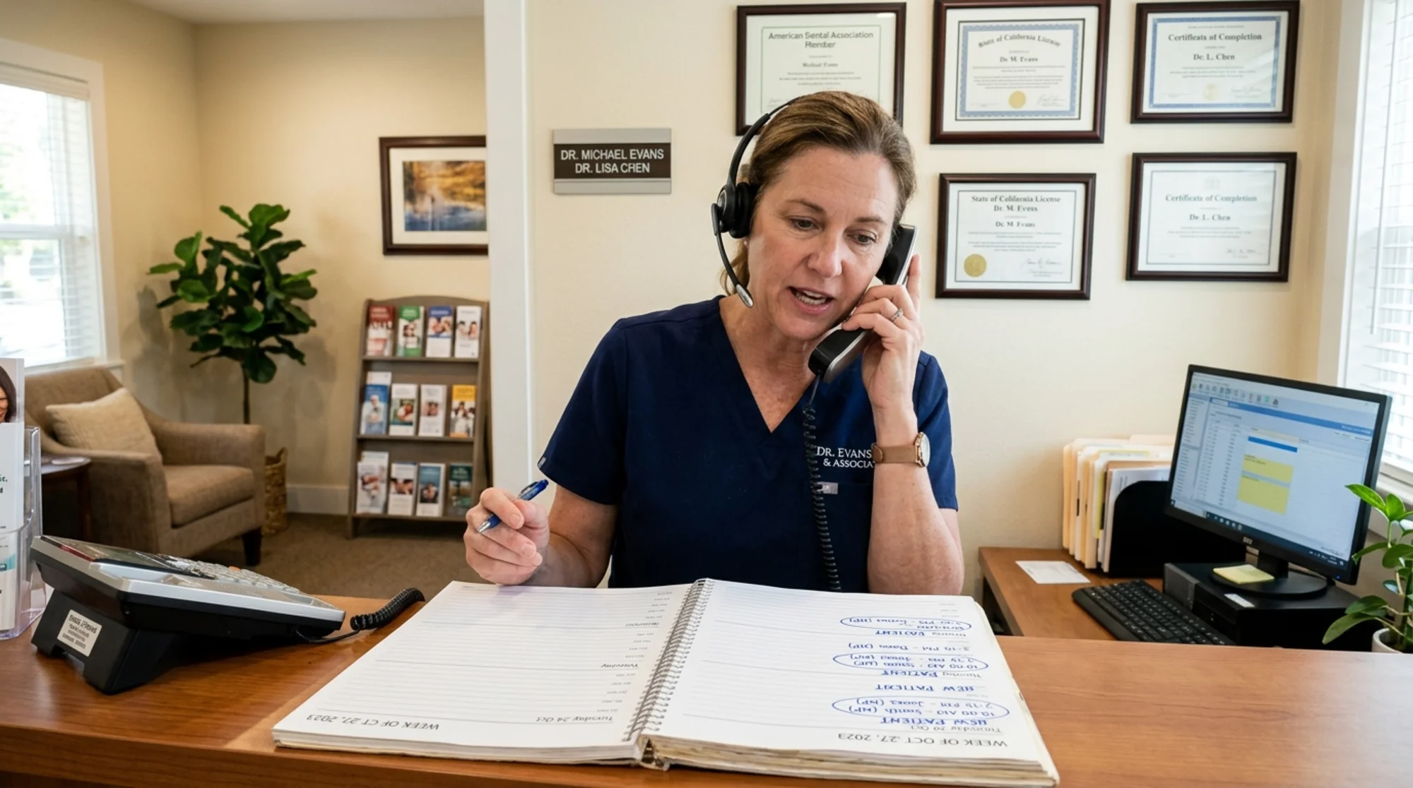 Reception desk of a small two-dentist family clinic with a receptionist on a ringing phone, an open paper appointment book showing new-patient slots circled in blue pen for the coming week, framed dental certificates on the wall behind, soft daylight from a side window
