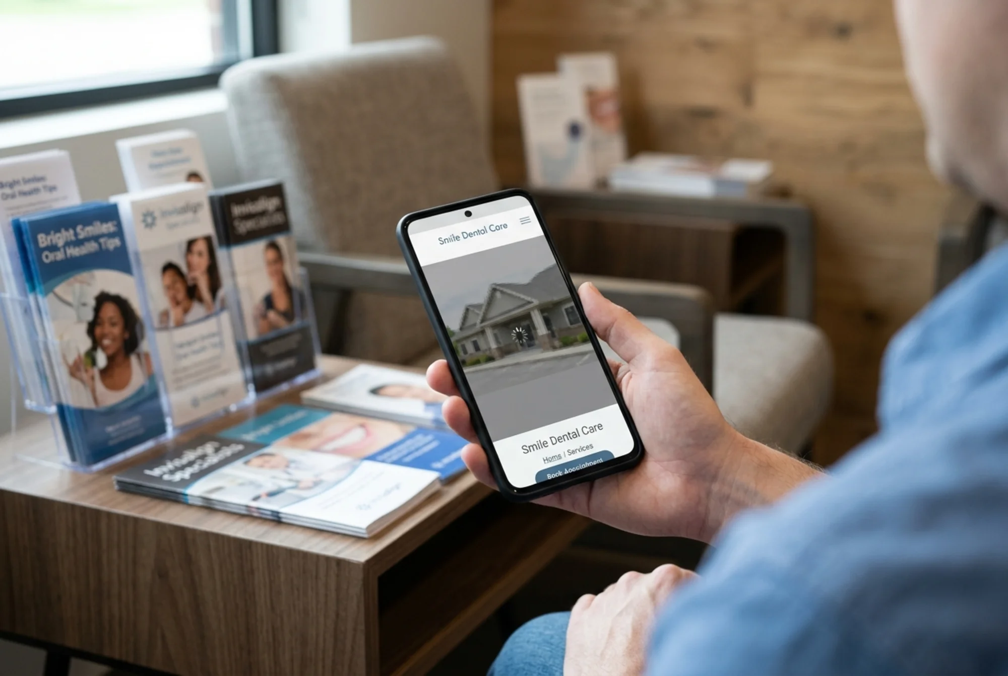 A dental practice homepage on an Android phone held by a patient in a waiting room chair, a large blurry exterior hero photo still loading, the "Book Appointment" button pushed below the fold, a small loading spinner visible, dental brochures on the side table