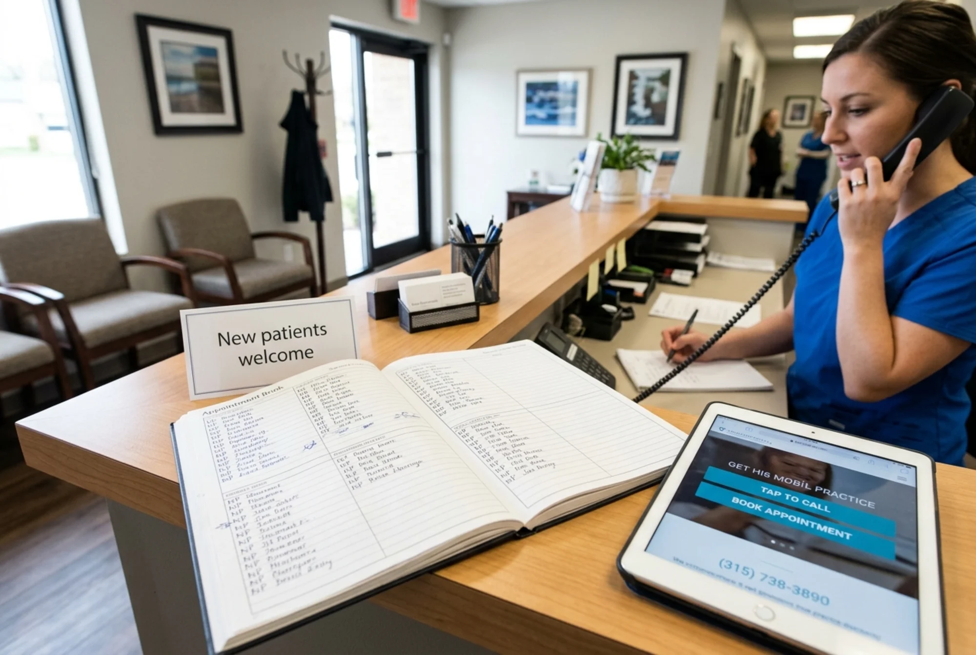 A dental office front desk with a paper appointment book filled in across two weeks of new-patient slots, a hygienist mid-call on the phone, a small printed sign reading "New patients welcome" on the counter, and a tablet showing the practice's updated mobile homepage with a visible tap-to-call button