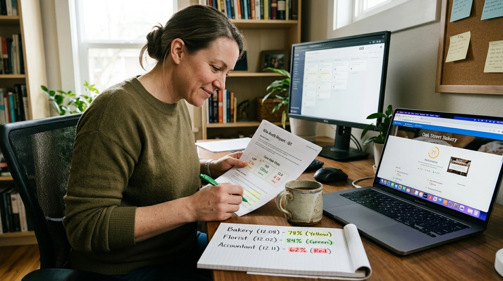 A freelance web consultant at a small home-office desk reviewing a printed FreeSiteAudit PDF report with colored highlighter marks on Core Web Vitals scores, a coffee mug beside a notepad with handwritten client names like "Bakery, Florist, Accountant" and audit scores
