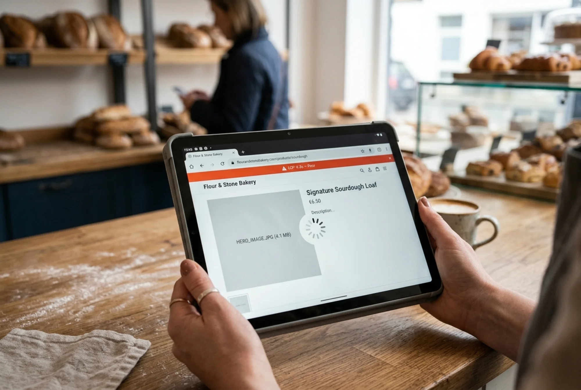 A small bakery website open on a tablet showing a slow-loading product page with a visible loading spinner, a 4.1 MB hero image placeholder, and a "LCP: 6.2s — Poor" warning bar at the top of a mobile browser