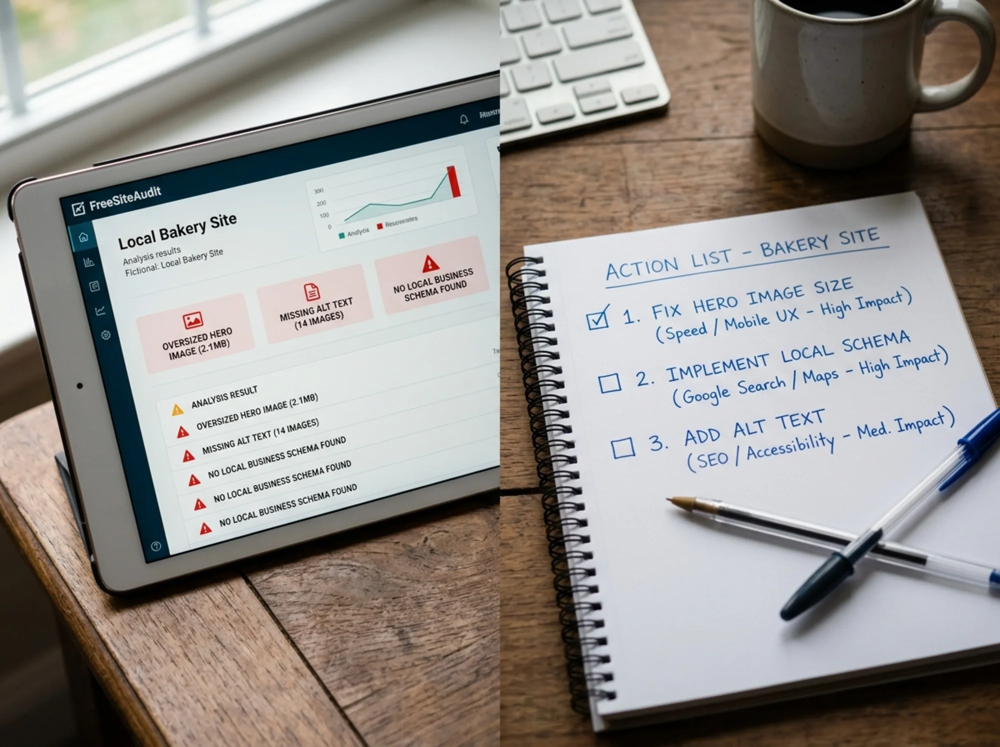 A split view showing a FreeSiteAudit report on the left with red-flagged issues (oversized hero image, missing alt text, no local business schema) next to a handwritten three-item action list on the right ranking fixes by revenue impact