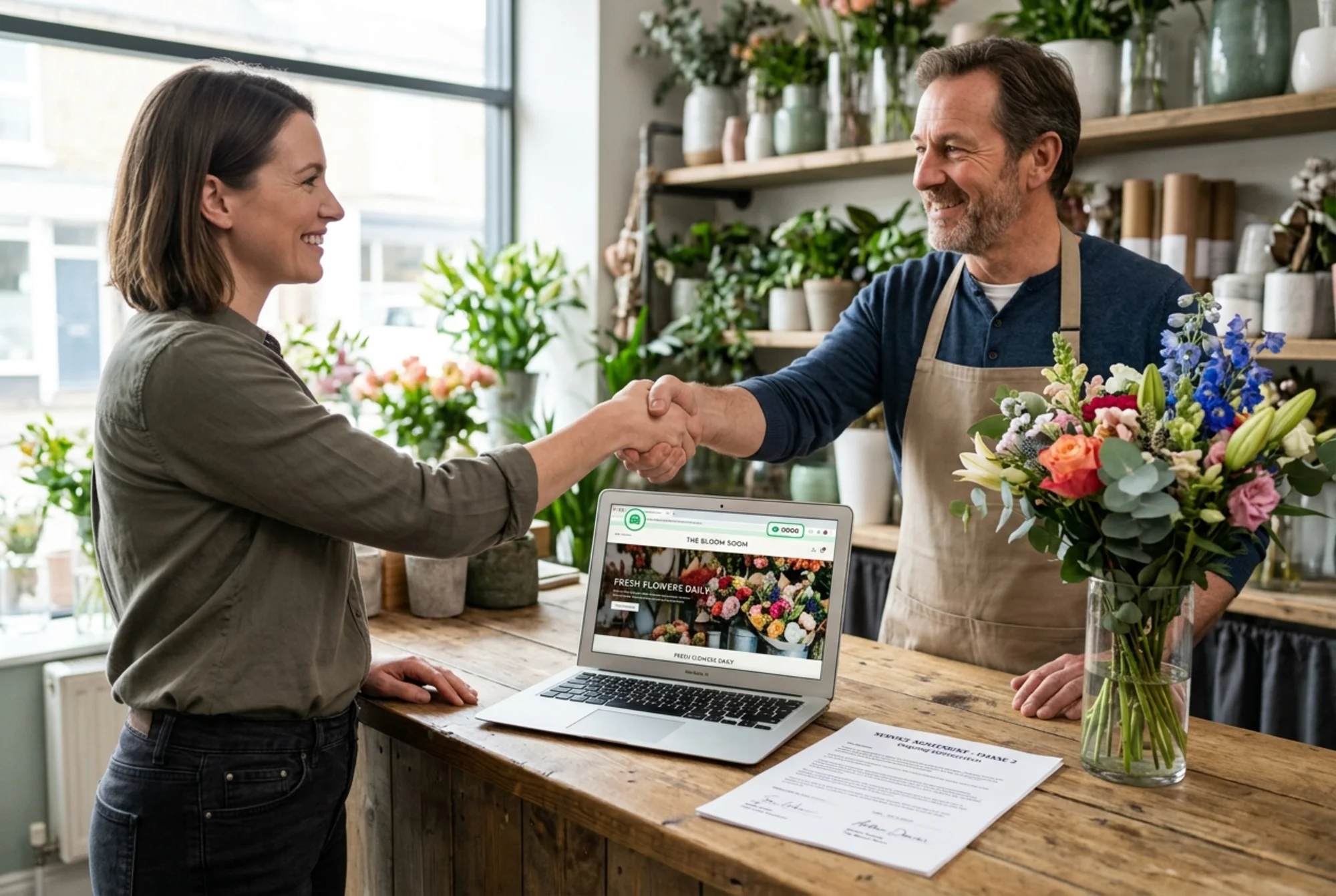 A freelancer shaking hands with a flower shop owner across a counter, a laptop showing the shop's faster website with a green Core Web Vitals badge, and a signed one-page service agreement on the counter beside a vase of fresh flowers