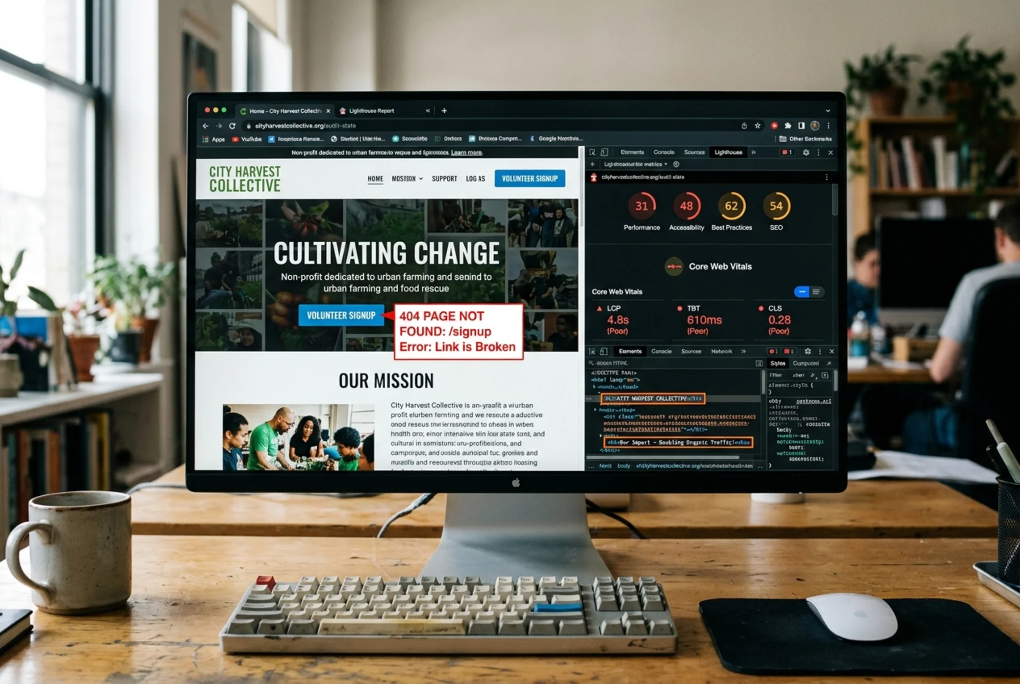 A non-profit homepage open in a browser tab with a Lighthouse panel visible showing red Core Web Vitals scores, a broken volunteer signup link, and duplicate H1 tags highlighted in the code inspector