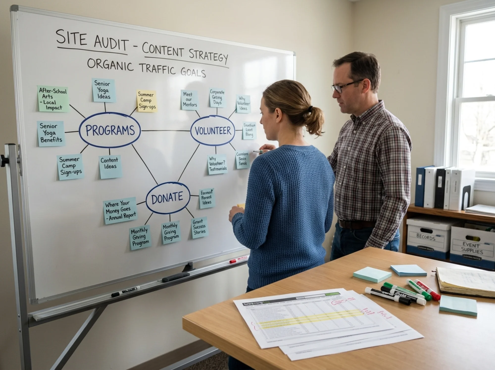 Two staff members at a community center whiteboard mapping a content cluster diagram with parent pages for "Programs," "Volunteer," and "Donate," sticky notes for blog topics, and a printed crawl report on the table
