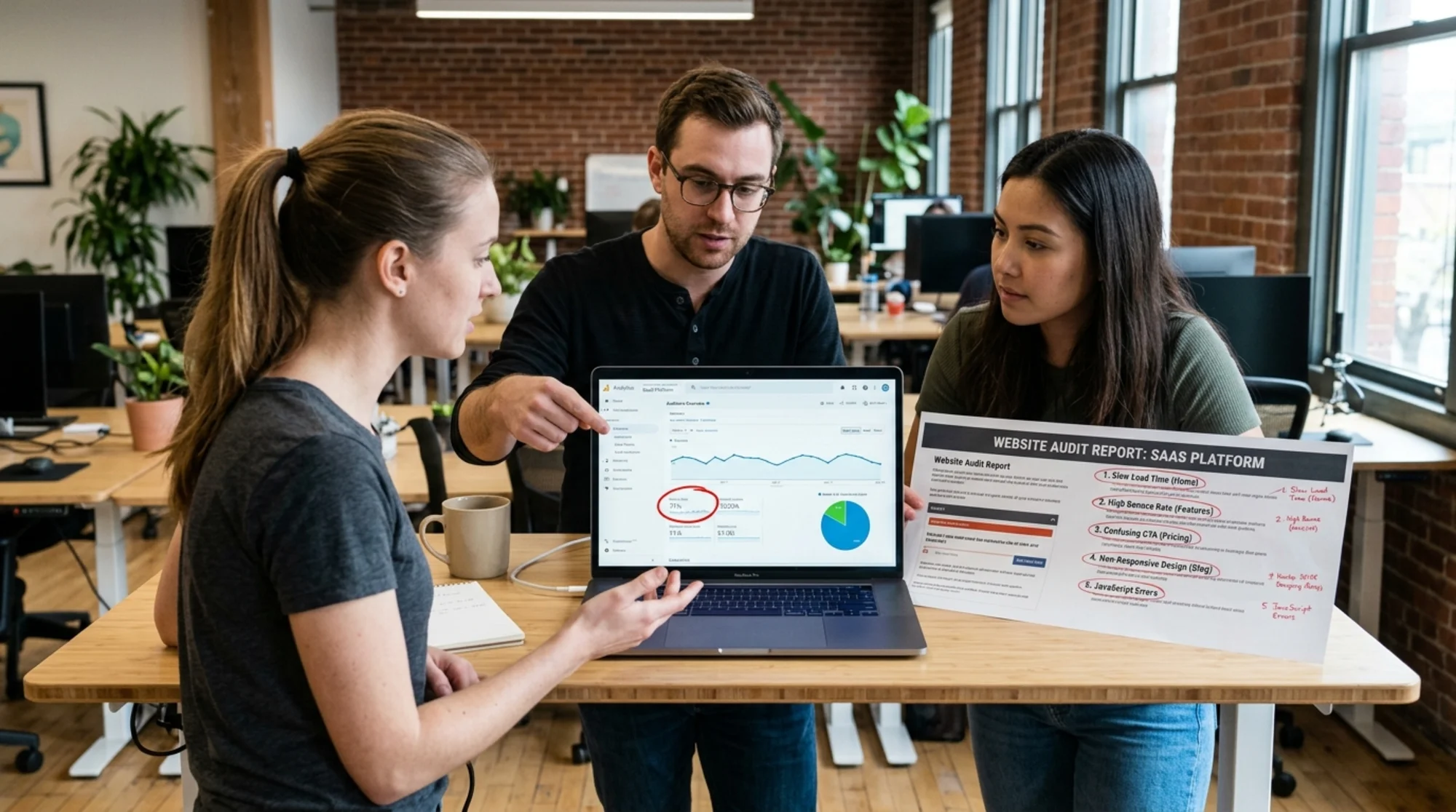 A small SaaS startup team of three gathered around a laptop on a standing desk, the screen showing a Google Analytics dashboard with "Bounce Rate 71%" highlighted in red, a printed website audit report next to the keyboard with five issues circled in pen