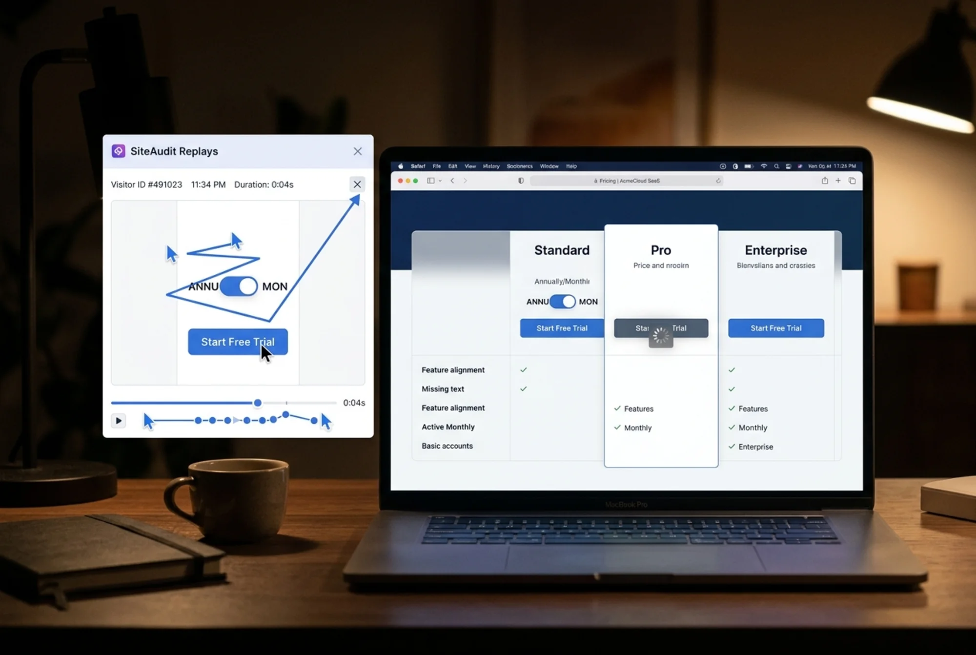 A SaaS pricing page open on a Safari browser at night, half-rendered with a broken monthly/annual toggle and a spinning loader stuck over the "Start Free Trial" button, a session replay window beside it showing a visitor cursor leaving after four seconds