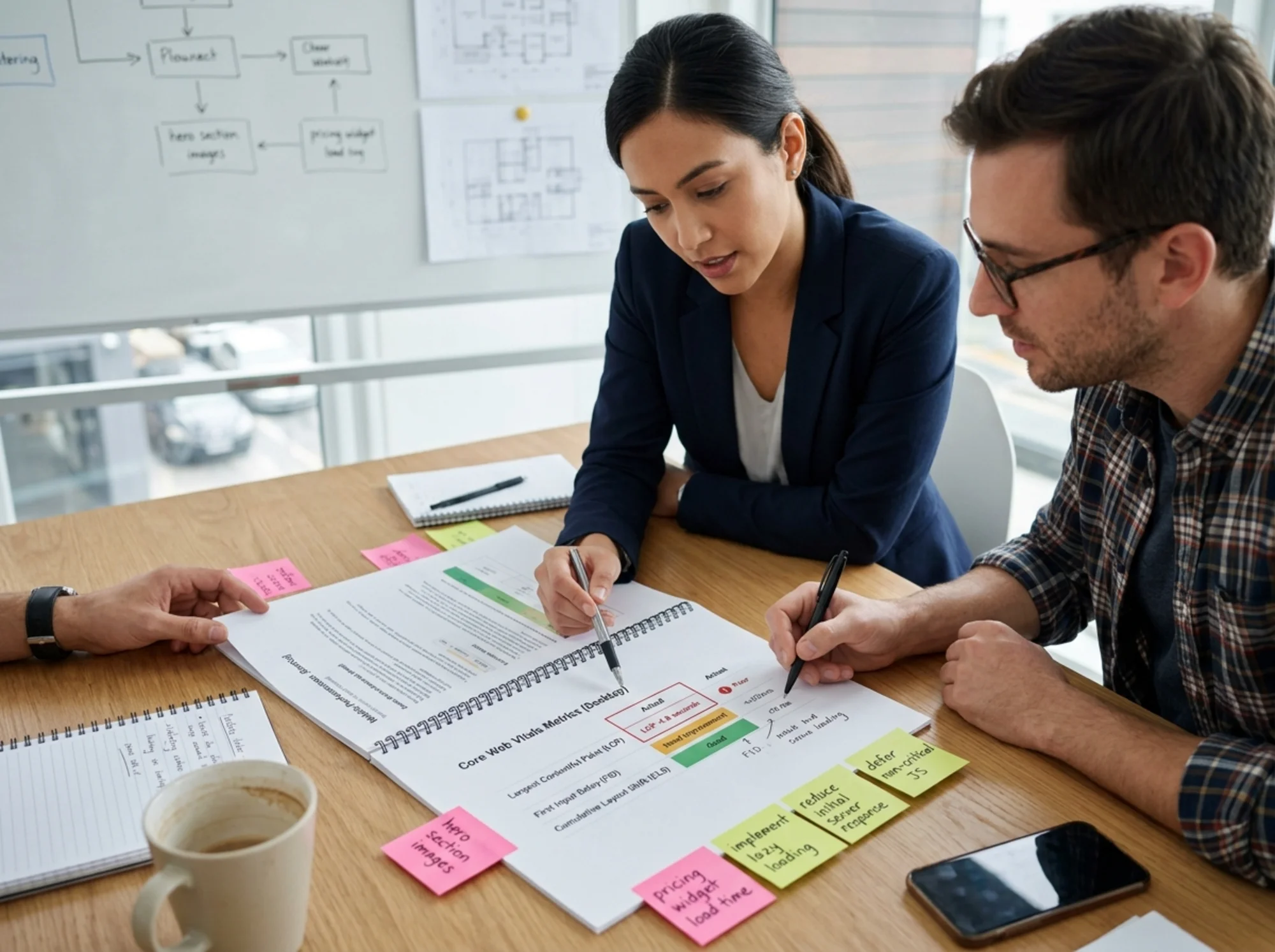 A product manager and a developer at a meeting table reviewing a website audit report printed on paper, the report open to a Core Web Vitals page showing LCP at 4.8 seconds highlighted in red, sticky notes labeled "hero", "pricing widget", "schema" stuck on the margins
