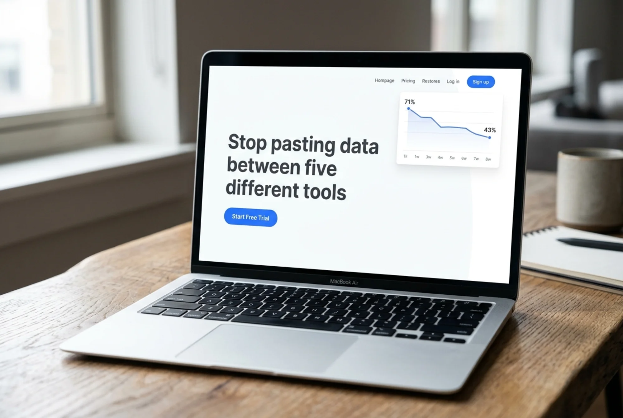 A redesigned SaaS homepage displayed on a 13-inch laptop showing a plain-language headline "Stop pasting data between five different tools" and a single blue "Start Free Trial" button, a small overlay line chart showing bounce rate dropping from 71% to 43% over eight weeks