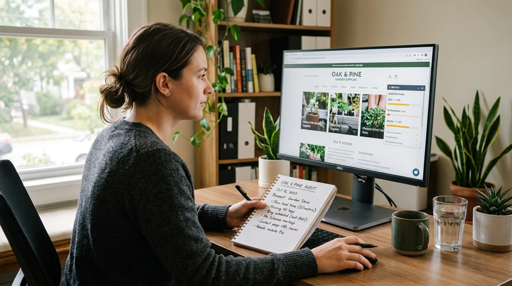 A freelance web consultant reviewing a prospect's website on a monitor, with a notepad showing handwritten notes about specific site issues