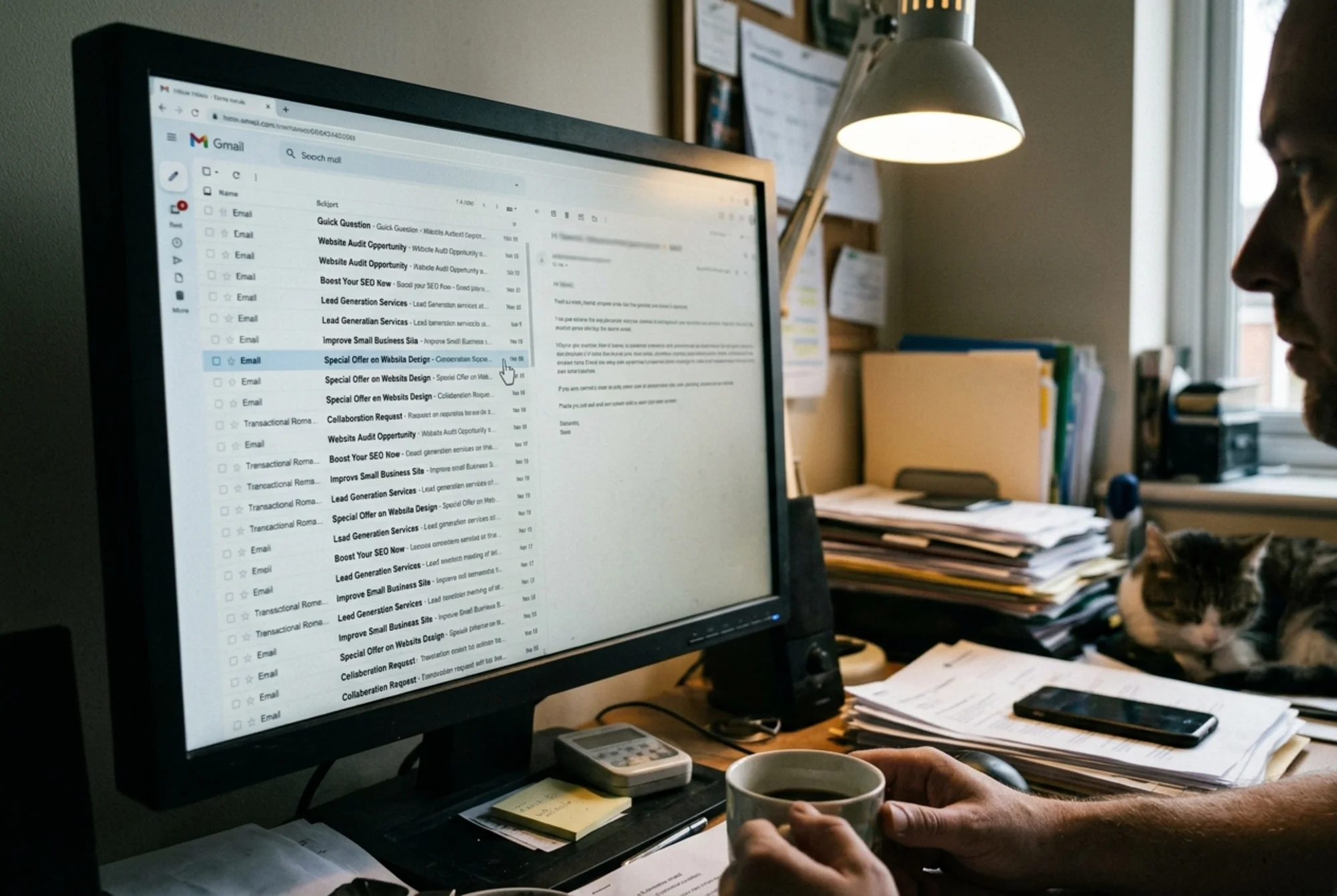 An overflowing email inbox showing dozens of identical cold outreach emails, all with the same generic subject lines, being ignored