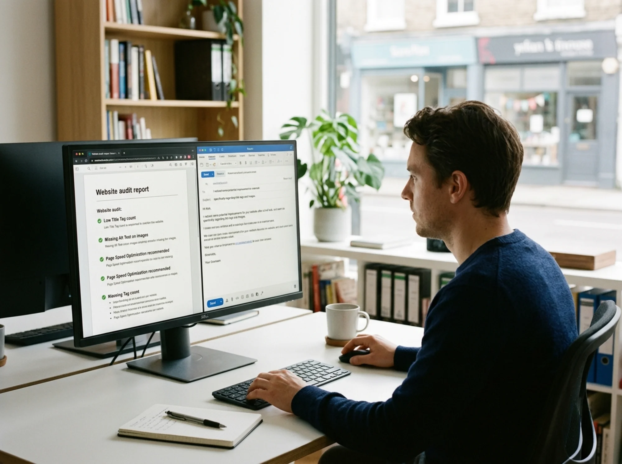 A split-screen showing a real website audit report on one side and a short personalized outreach email draft on the other side