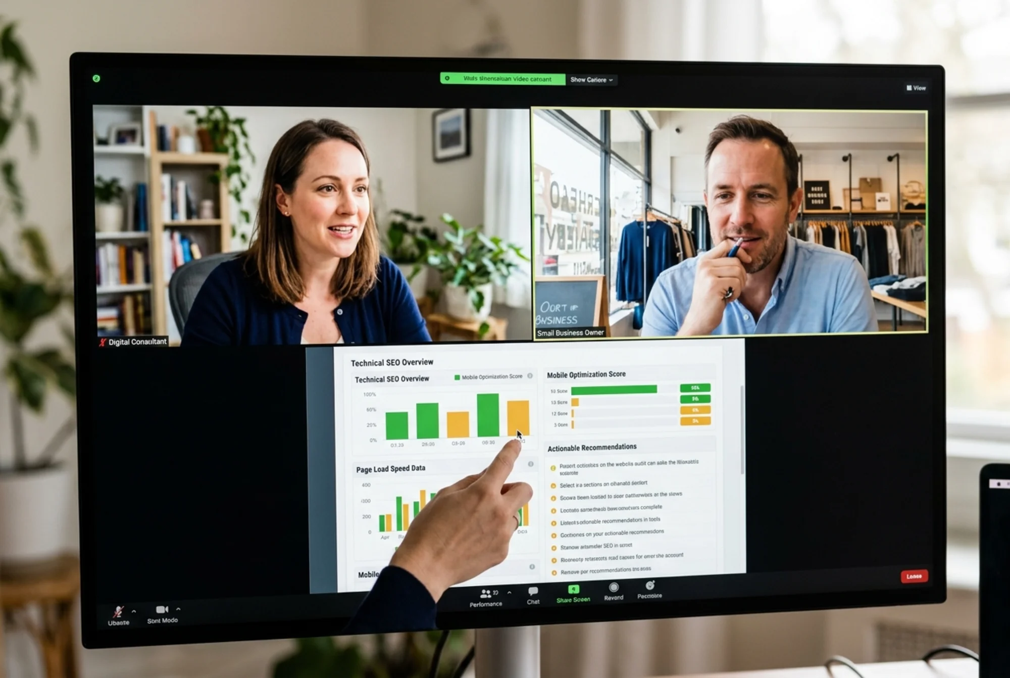 A video call between a consultant and a small business owner, with a website audit report visible on the shared screen as they discuss improvements