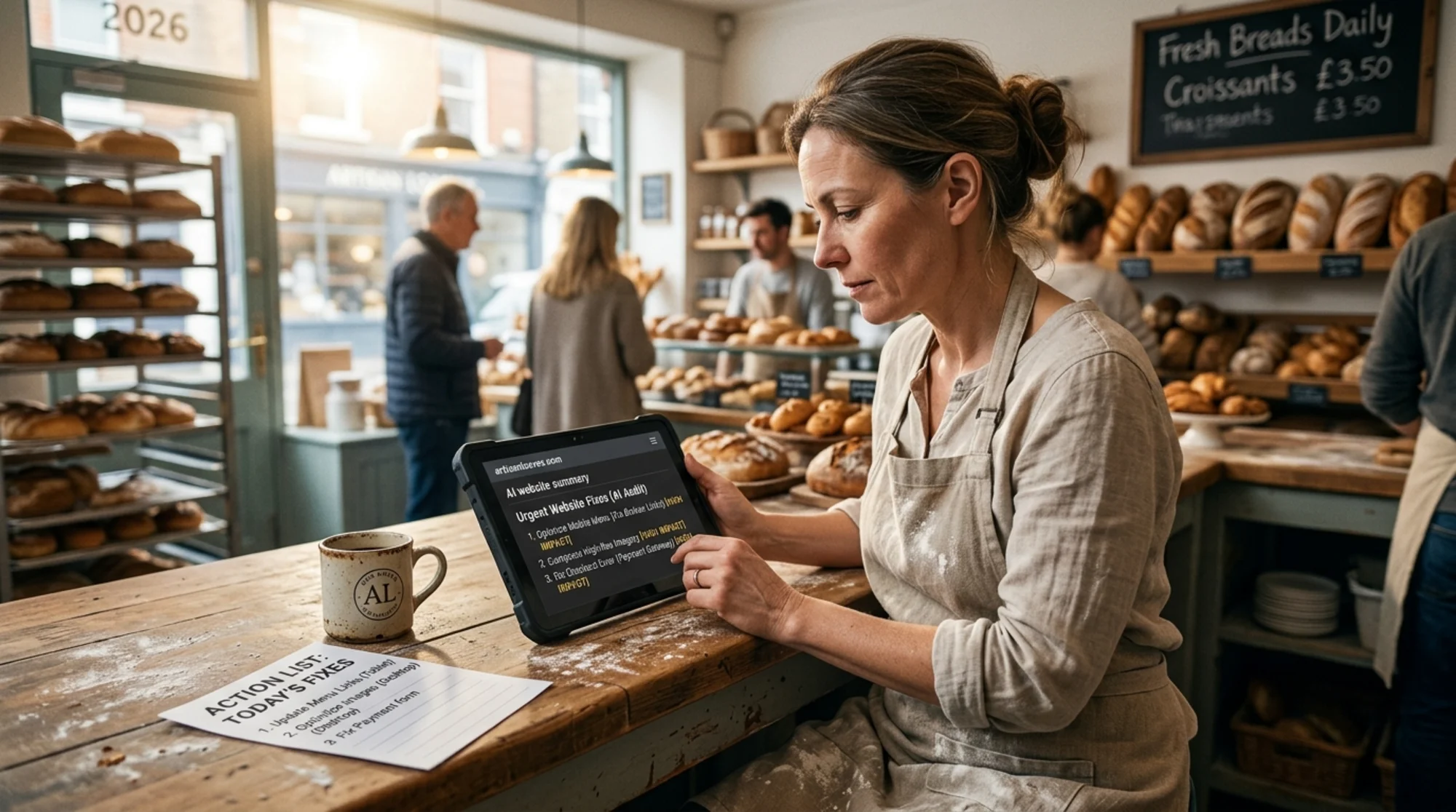 A small bakery owner in an apron sitting at a wooden counter reviewing a prioritized AI website audit summary on a tablet, with a printed three-item action list beside her coffee mug, soft morning light through the shop window