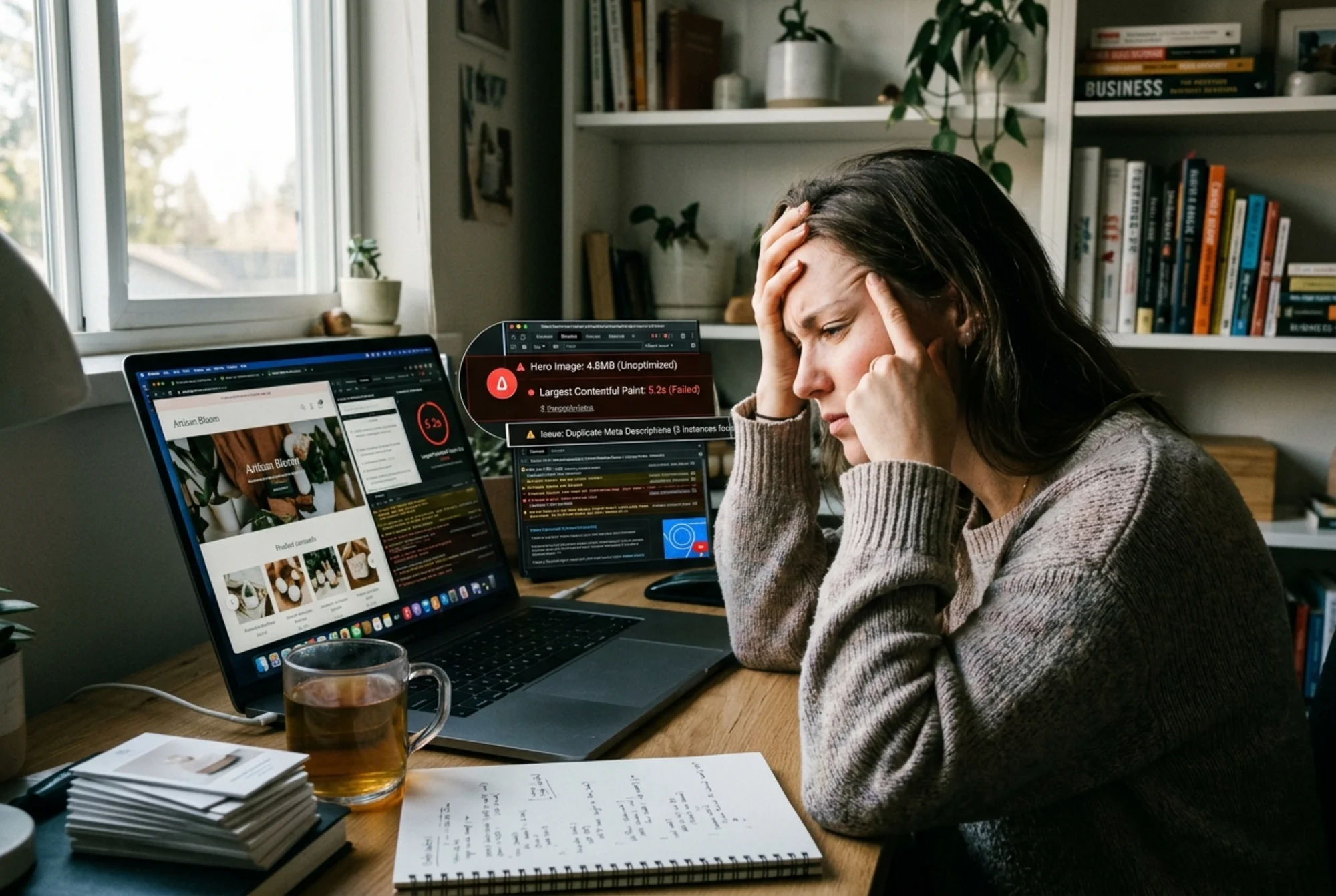 A frustrated solo founder squinting at a cluttered Shopify homepage on a laptop, browser inspector panel open showing a 4.8MB hero image warning, a duplicate meta description flag, and an LCP score in the red