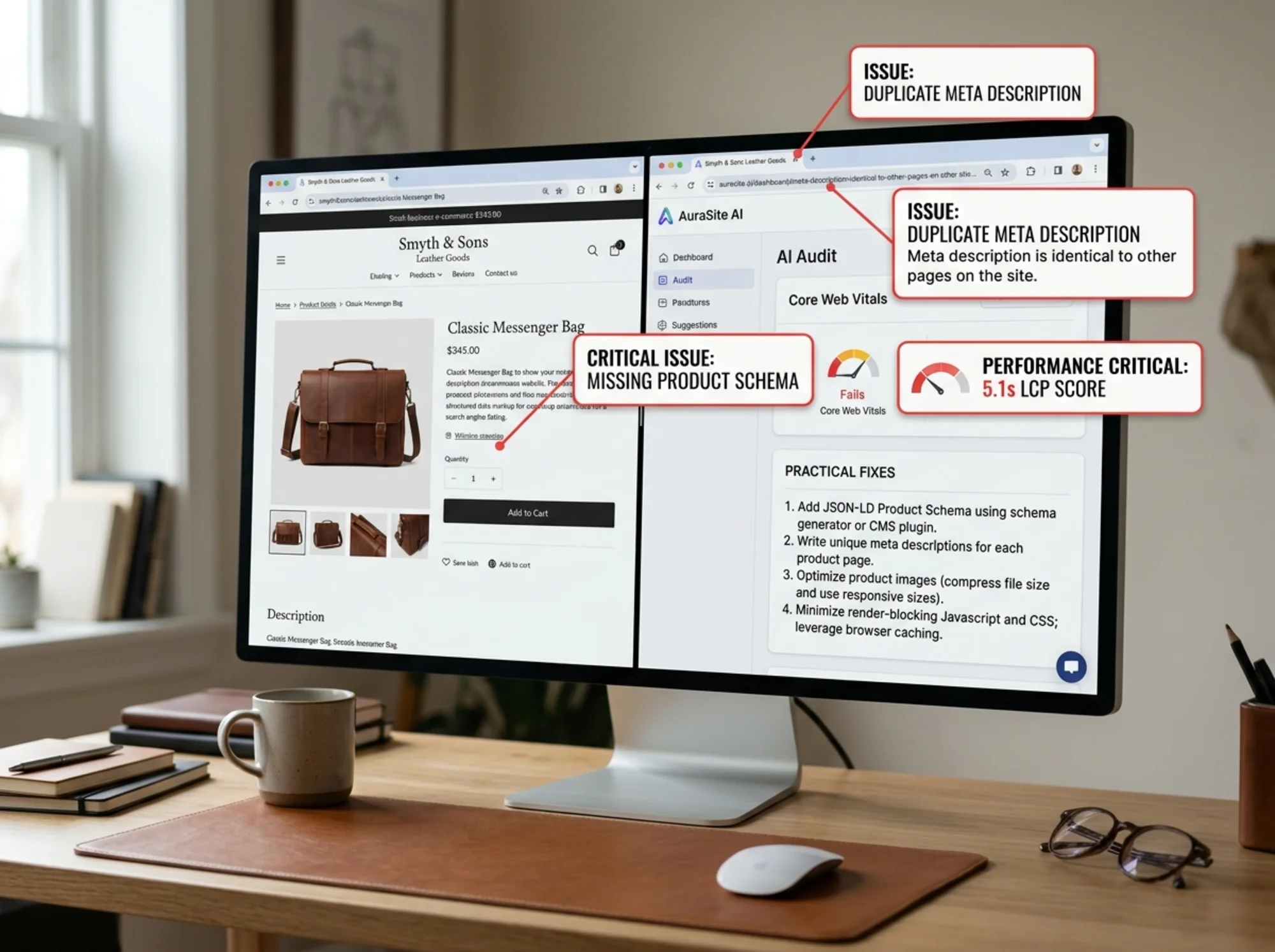 Split screen showing a leather goods product page on the left and an AI audit dashboard on the right with callouts for missing Product schema, duplicate meta descriptions, and a 5.1s LCP score, plain-English fix suggestions in a side panel