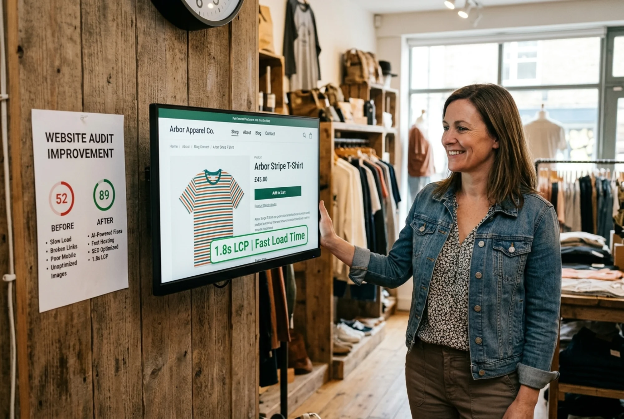 A confident shop owner standing beside a large monitor showing a fast-loading product page with a 1.8s LCP badge, a printed before-and-after sheet on the wall comparing audit scores from 52 to 89
