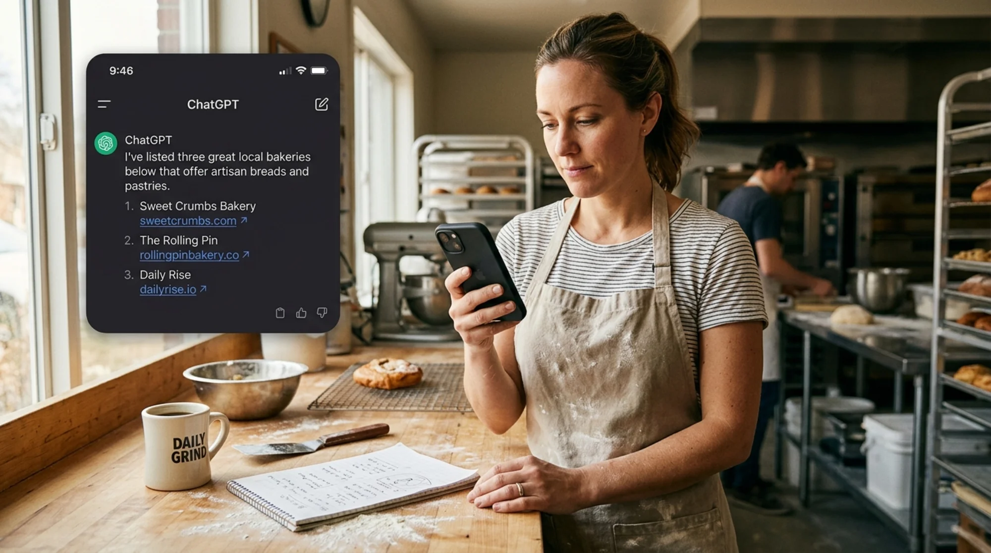 A small business owner reading a ChatGPT mobile answer that lists three local bakery websites as recommendations, warm morning kitchen light, coffee mug and flour-dusted notebook on the counter, phone screen clearly shows the ChatGPT interface with cited links