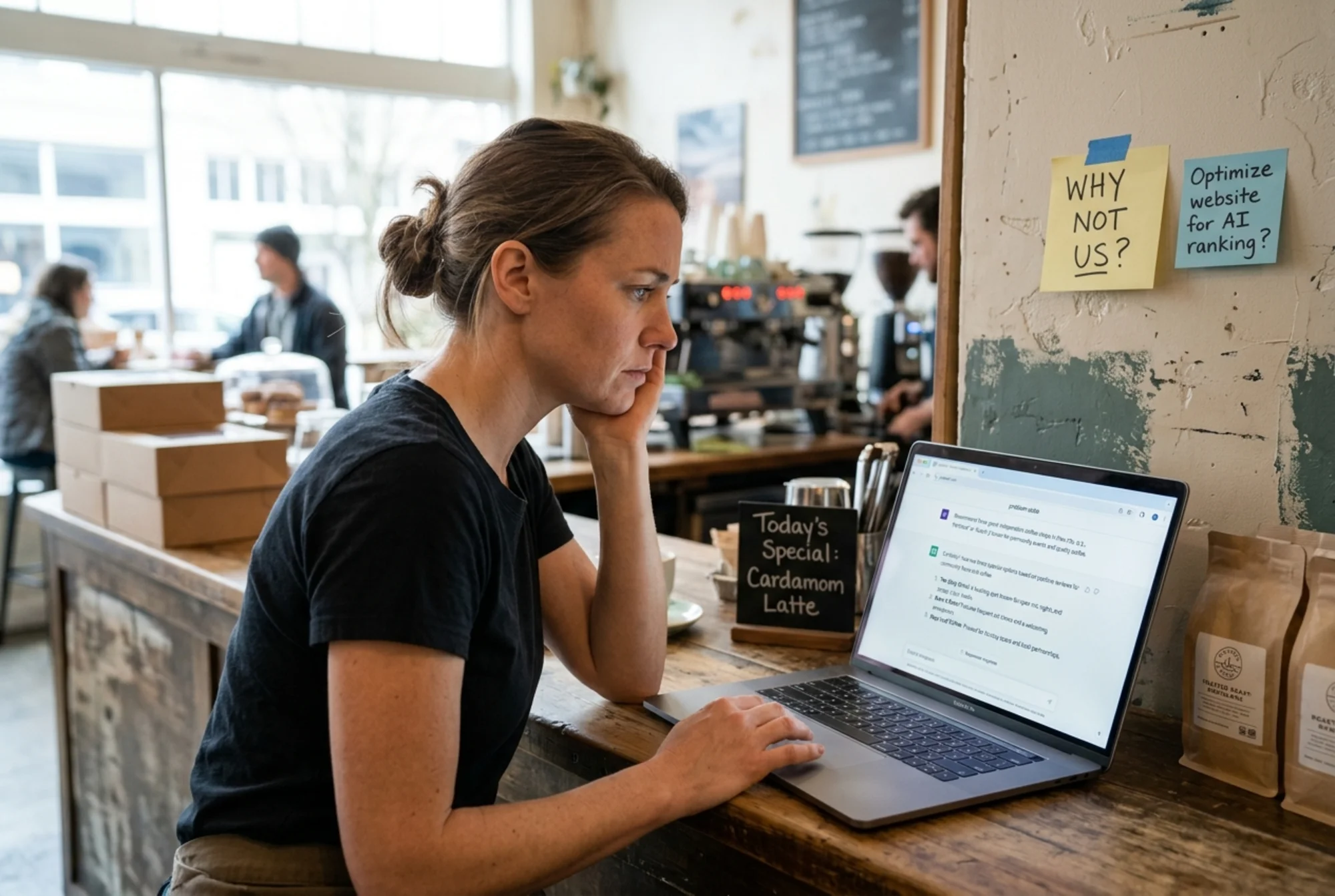 A frustrated cafe owner at her counter staring at a laptop showing a ChatGPT response recommending three competitor cafes but not hers, handwritten sticky notes on the wall behind her reading "why not us?", clearly visible ChatGPT chat UI on screen