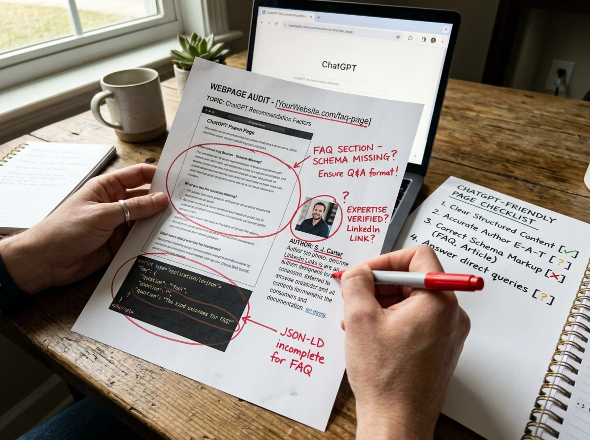 Close-up of a marketer's hands annotating a printed webpage with red pen, circling an FAQ section, an author bio photo, and a JSON-LD schema snippet, a printed checklist titled "ChatGPT-friendly page" beside the laptop showing a ChatGPT tab