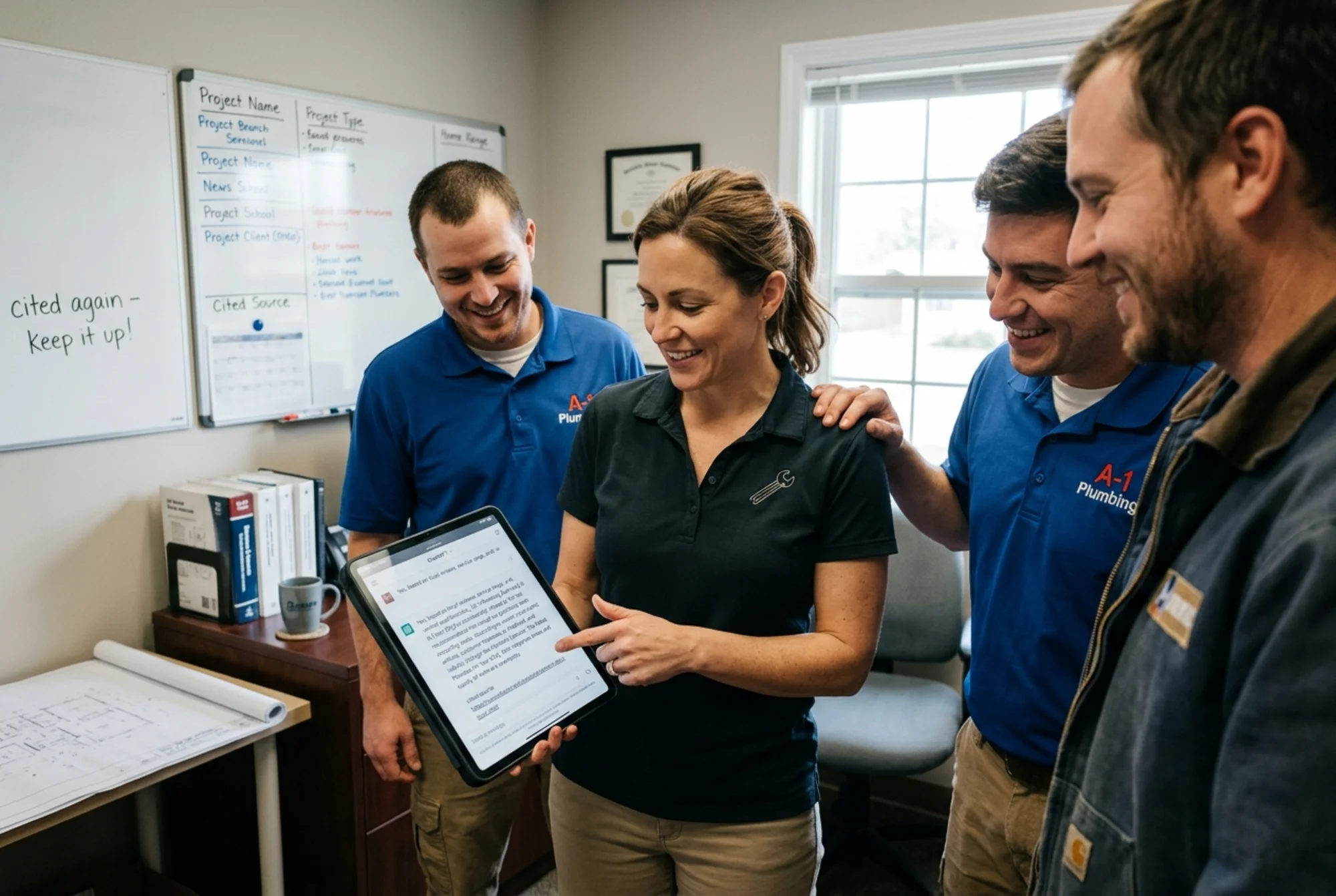 A confident small business owner showing a tablet to her plumbing team in a small office, the tablet clearly displays a ChatGPT answer naming her plumbing company as the top recommendation with a cited source link, team members smiling, whiteboard behind reads "cited again"