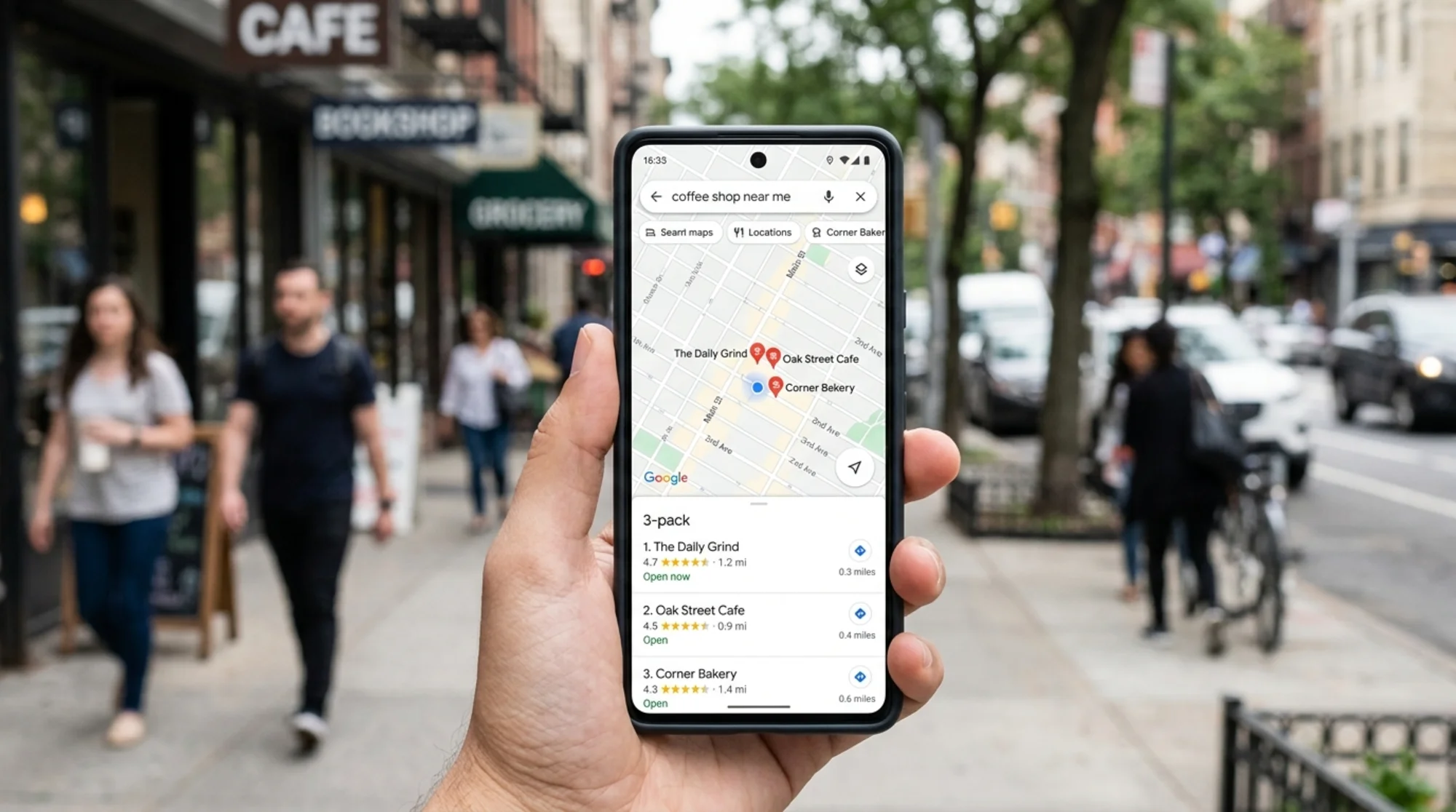 Close-up of a smartphone held in hand showing a Google Maps local 3-pack result for "coffee shop near me" with three nearby cafe pins on the map and small business listings stacked below, soft daylight, realistic street background slightly blurred