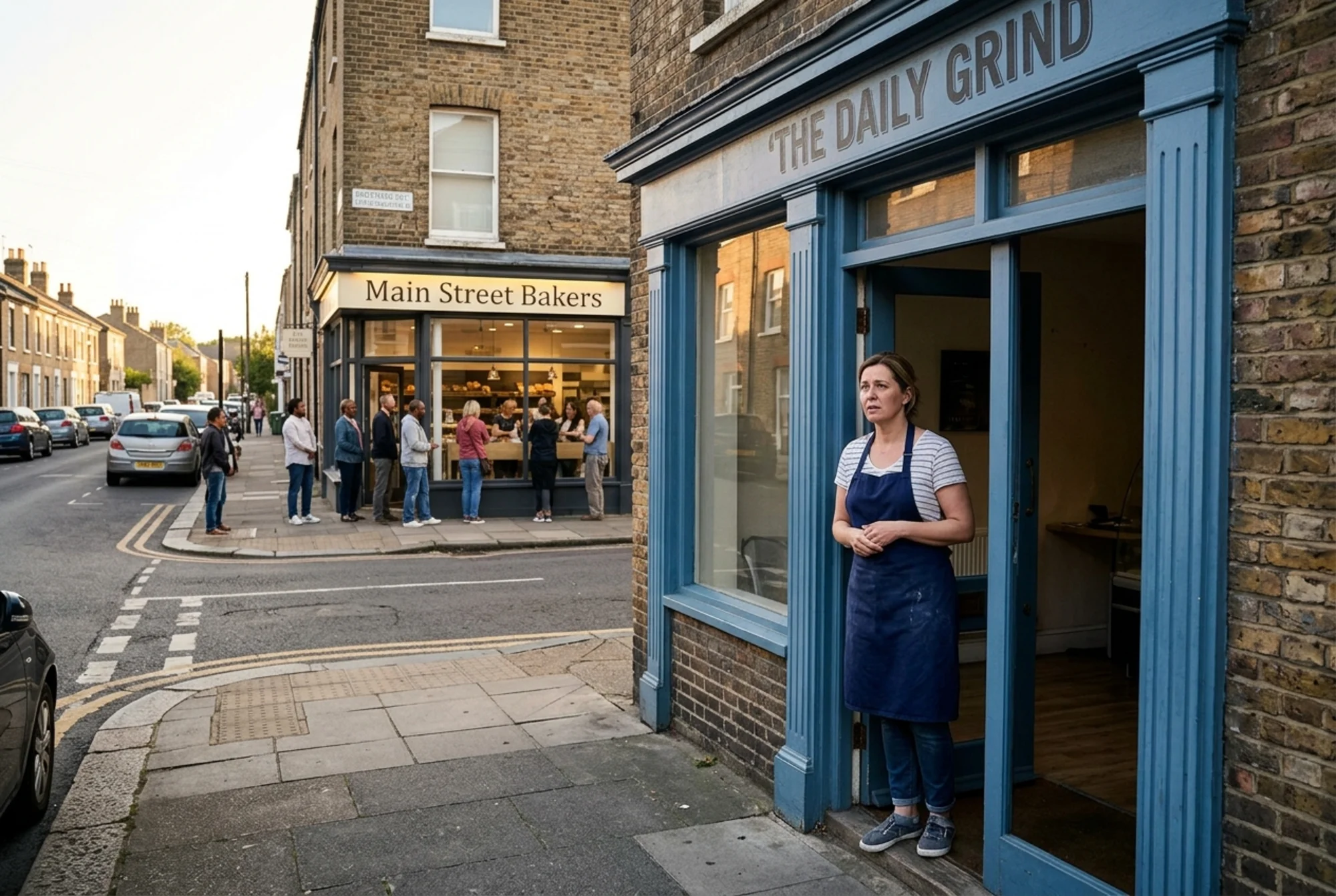 A small bakery storefront on a quiet side street with the owner standing in the doorway looking concerned, while across the street a competing bakery has a steady line of customers entering, late afternoon natural lighting, documentary photography style